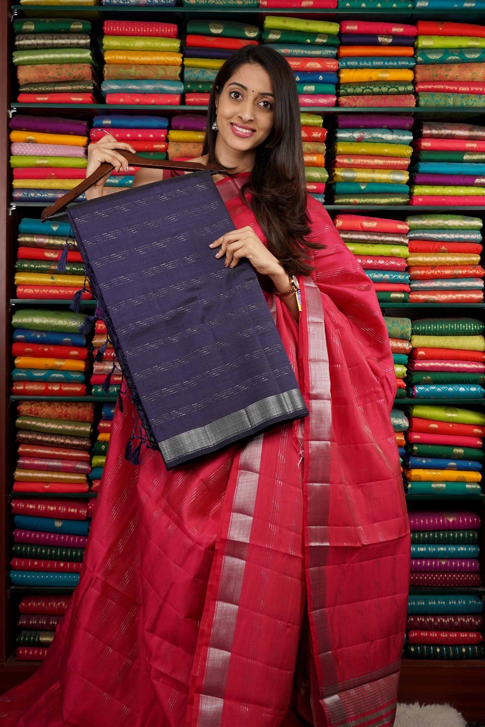 Soft Tussur Silk Silver Zari Lines Dark Navy Blue Saree