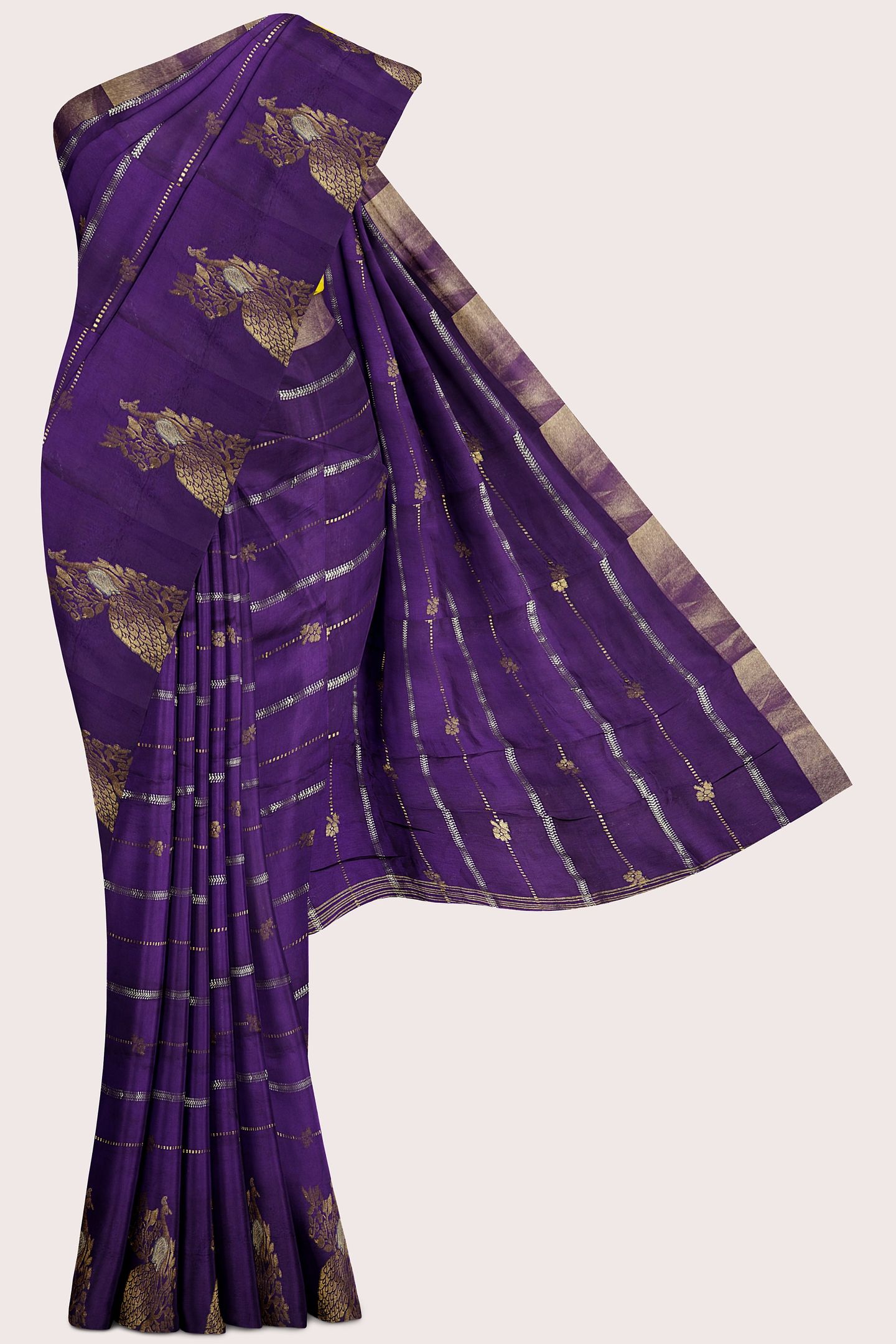 Russian Crepe Silver And Gold Zari Weaving Purple With Yellow Saree