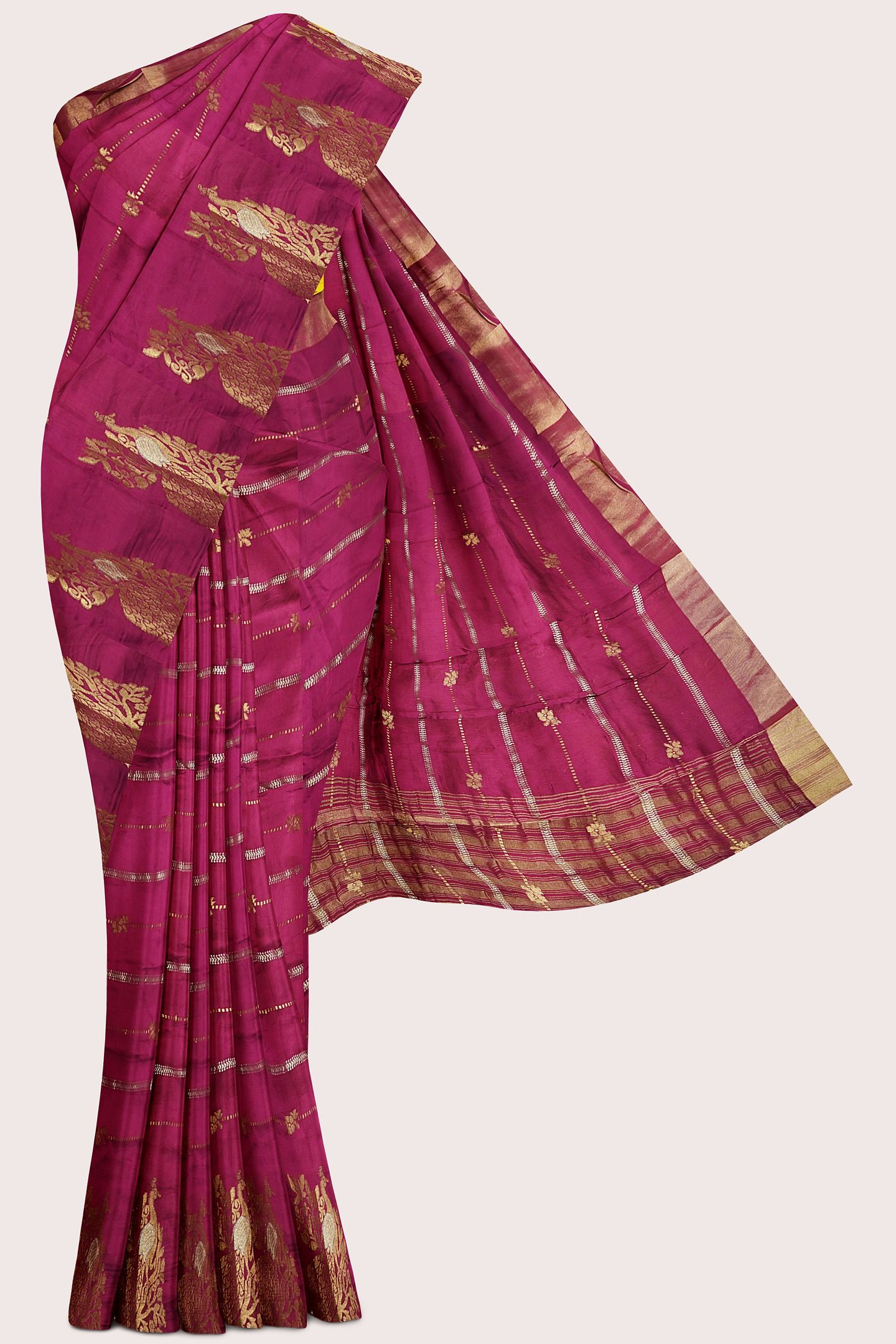 Russian Crepe Silver And Gold Zari Weaving Magenta Pink With Yellow Saree