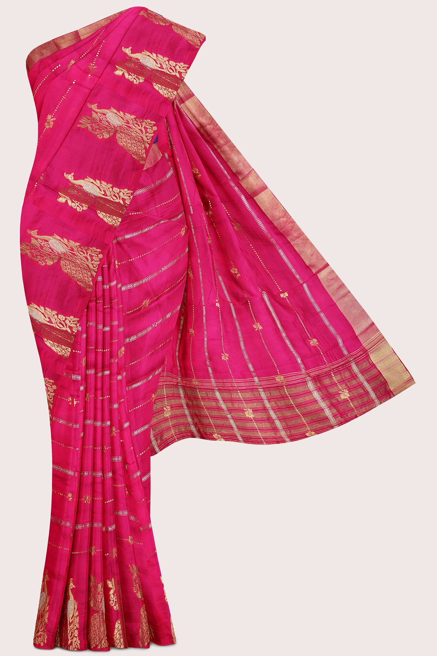 Russian Crepe Silver And Gold Zari Weaving Pink With Purple Saree