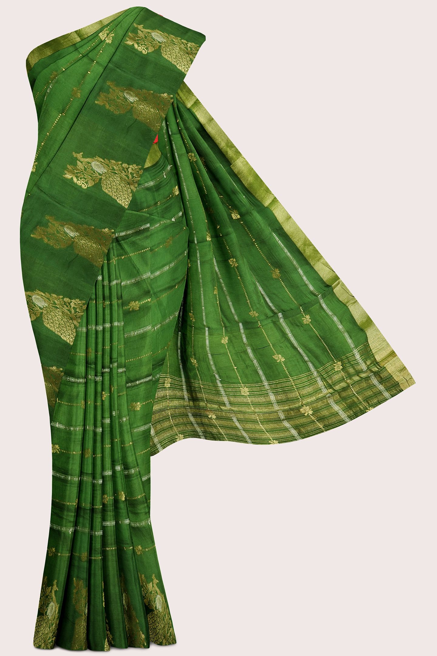 Russian Crepe Silver And Gold Zari Weaving Mehandi Green With Red Saree