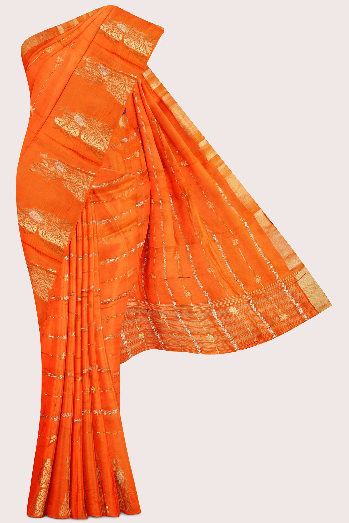 Russian Crepe Silver And Gold Zari Weaving Orange With Magenta Pink Saree