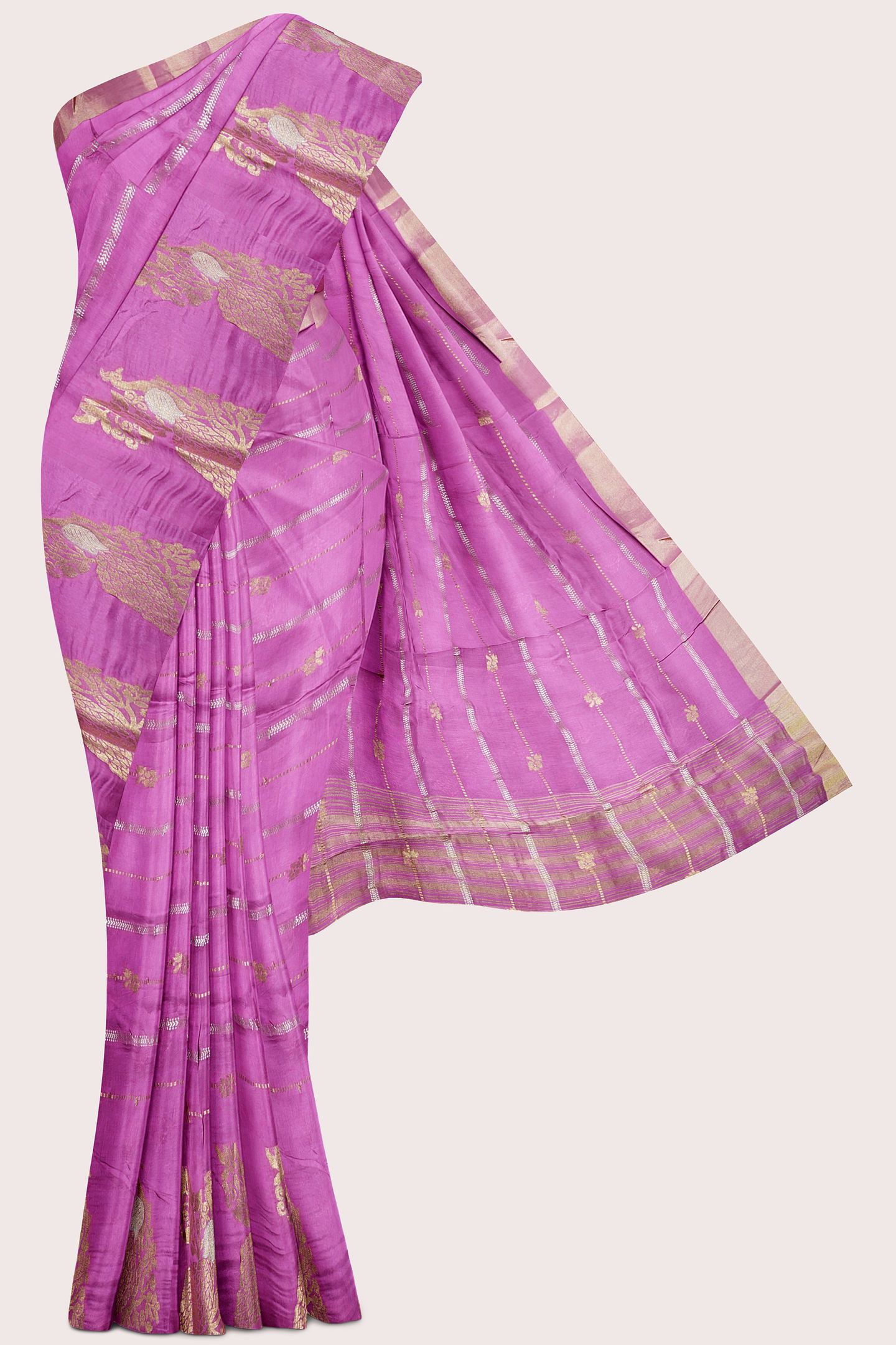 Russian Crepe Silver And Gold Zari Weaving Light Pink With Wine Saree