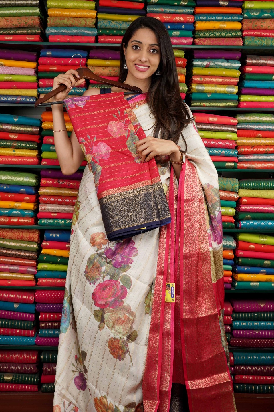 Soft Silk Floral Print With Zari Lines Red And Navy Blue Saree
