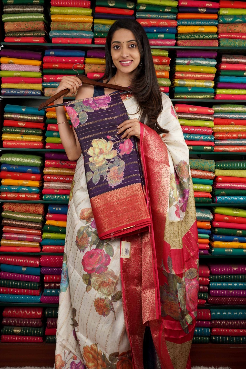 Soft Silk Floral Print With Zari Lines Purple And Reddish Pink Saree