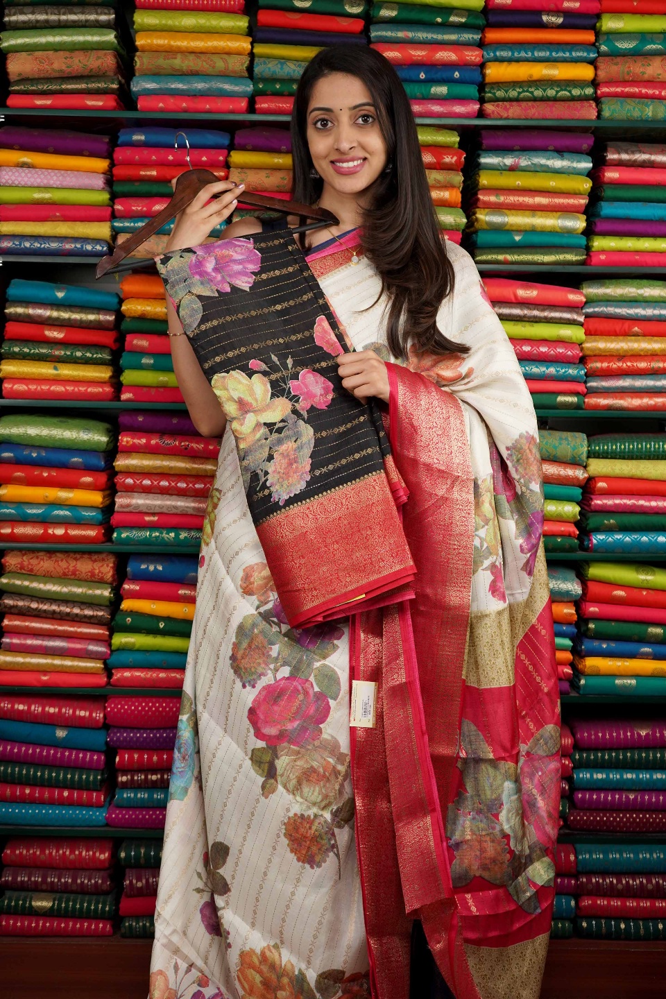 Soft Silk Floral Print With Zari Lines Black And Pink Saree