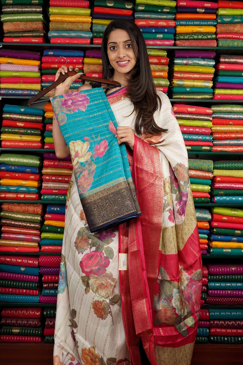 Soft Silk Floral Print With Zari Lines Coppersulphate Blue And Navy Blue Saree
