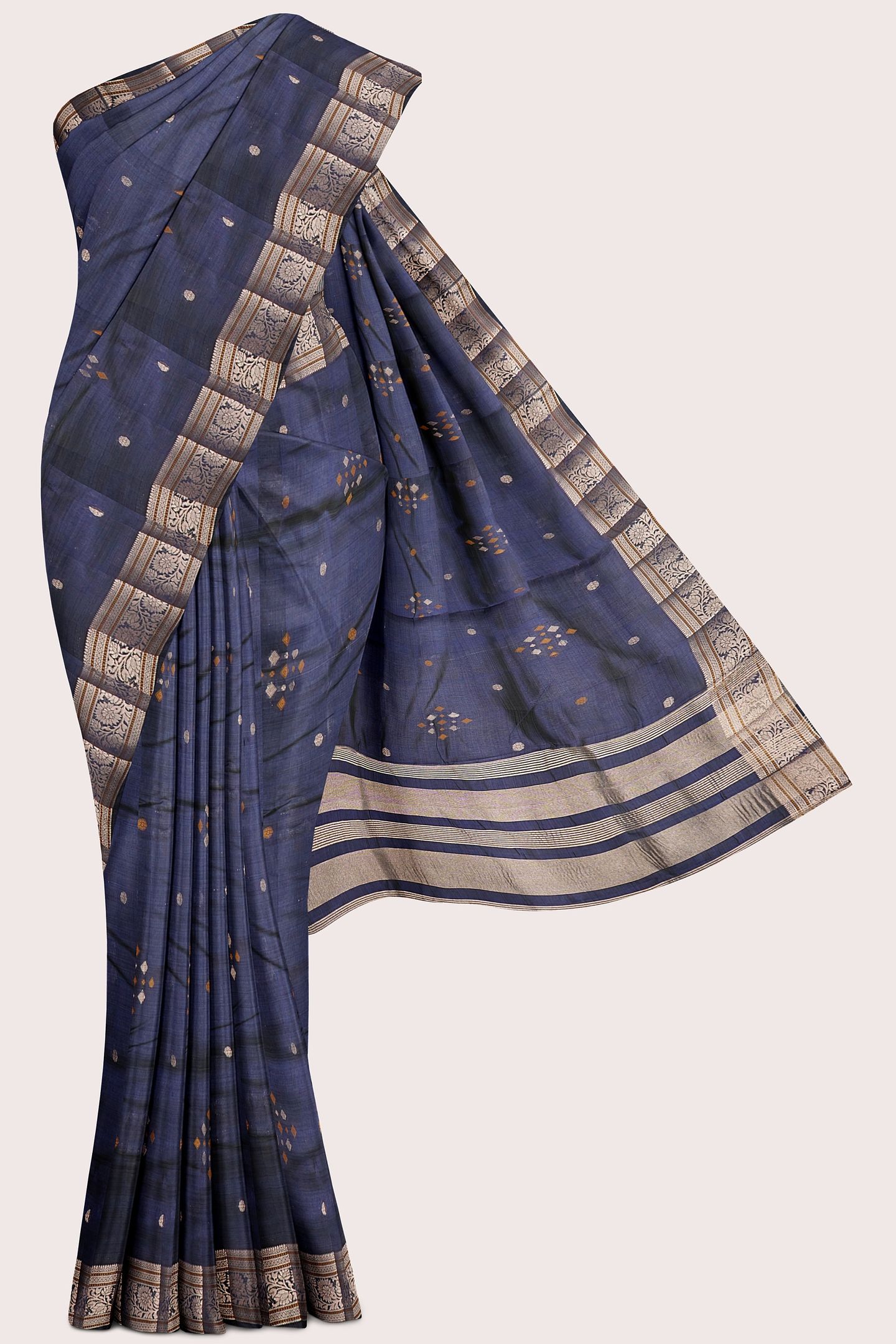 Fancy Silk Threading Meena Work Butti Dark Navy Blue Saree