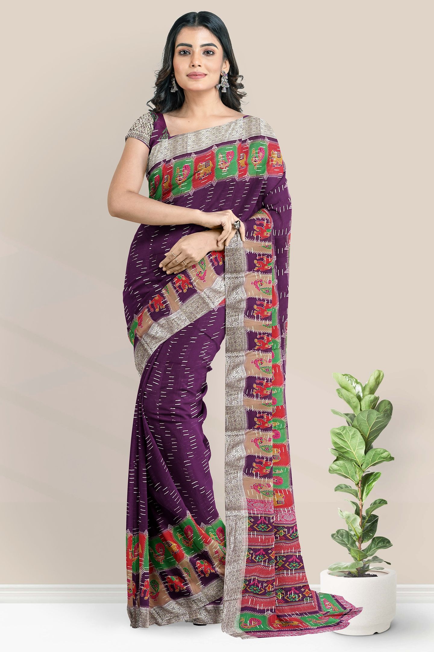 Georgette Kalamkari Border Badla Zari Lines Magenta Pink Saree