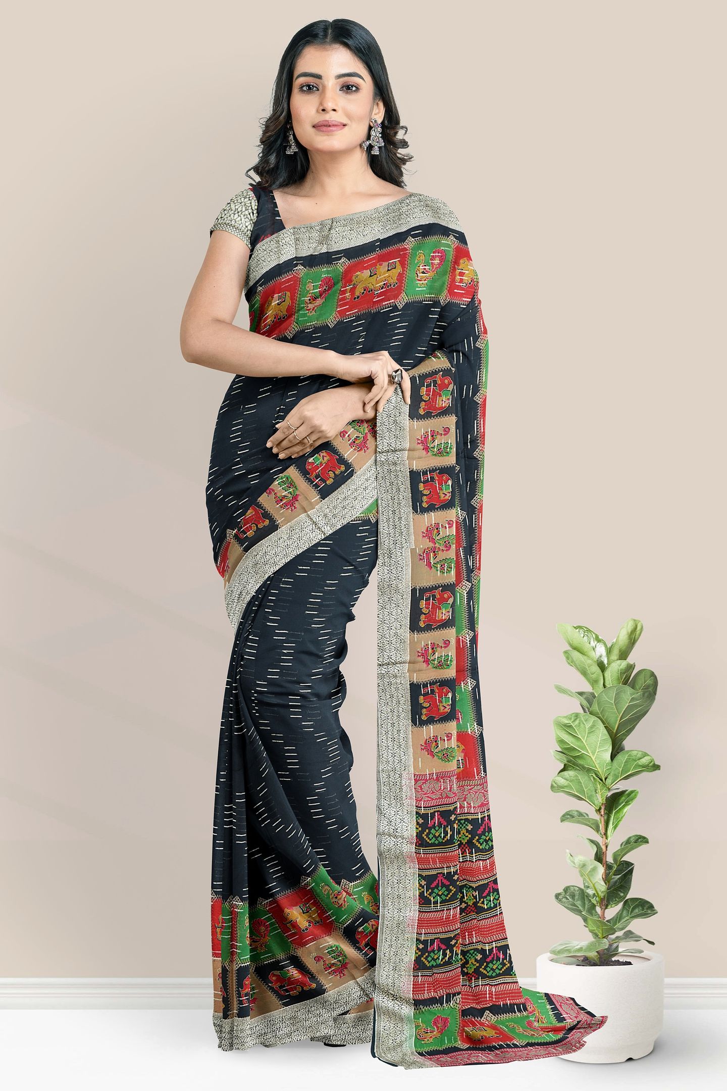 Georgette Kalamkari Border Badla Zari Lines Black Saree