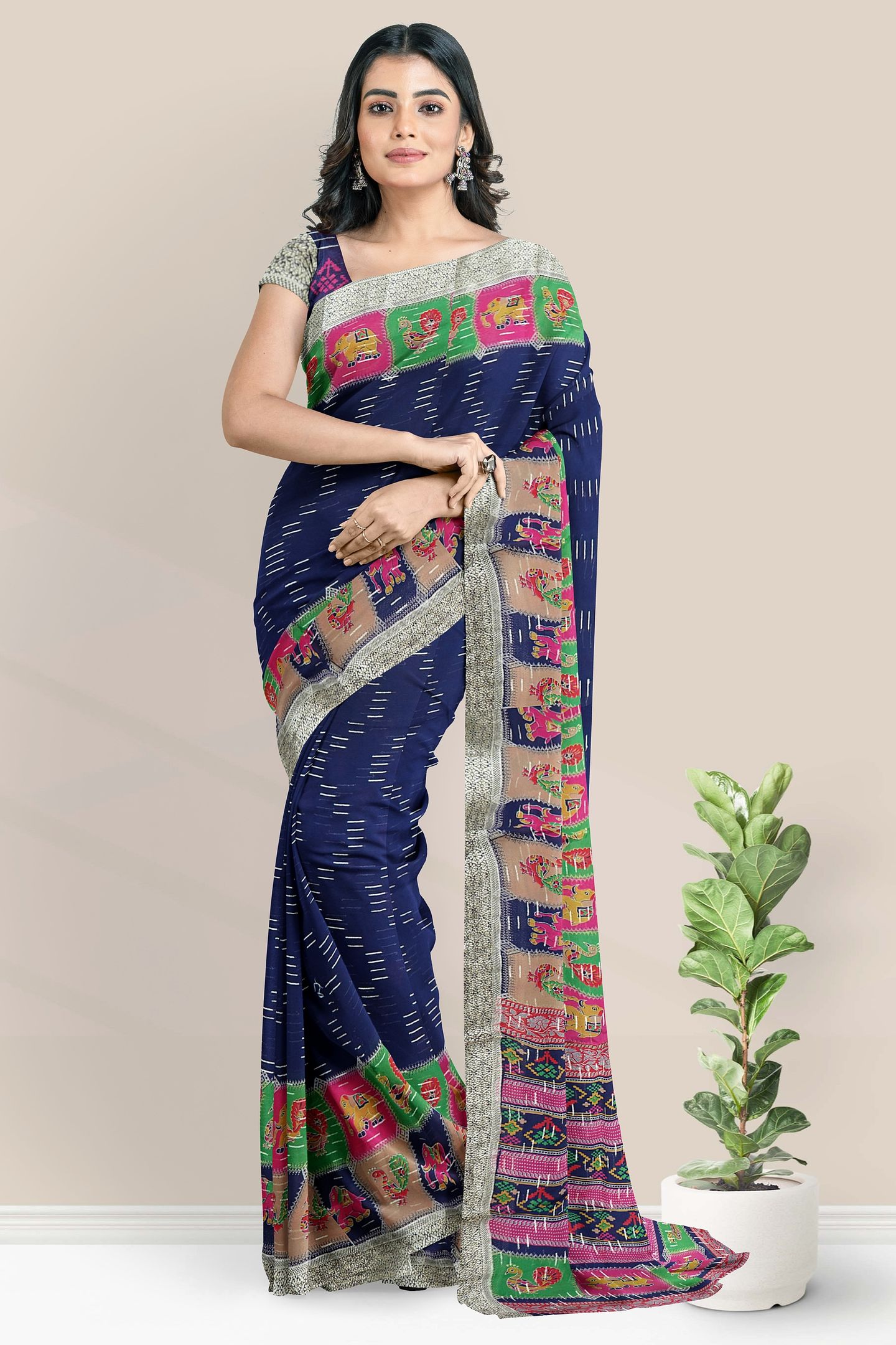 Georgette Kalamkari Border Badla Zari Lines Dark Navy Blue Saree