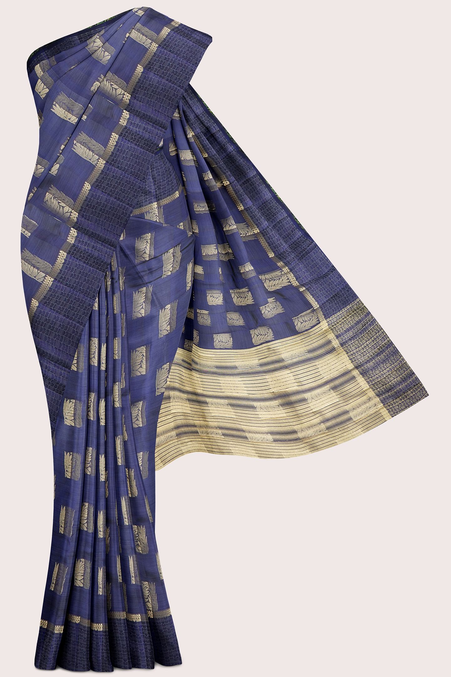 Emboose Silk Gold Zari Weaving And Leaf Design Butti Dark Navy Blue Saree