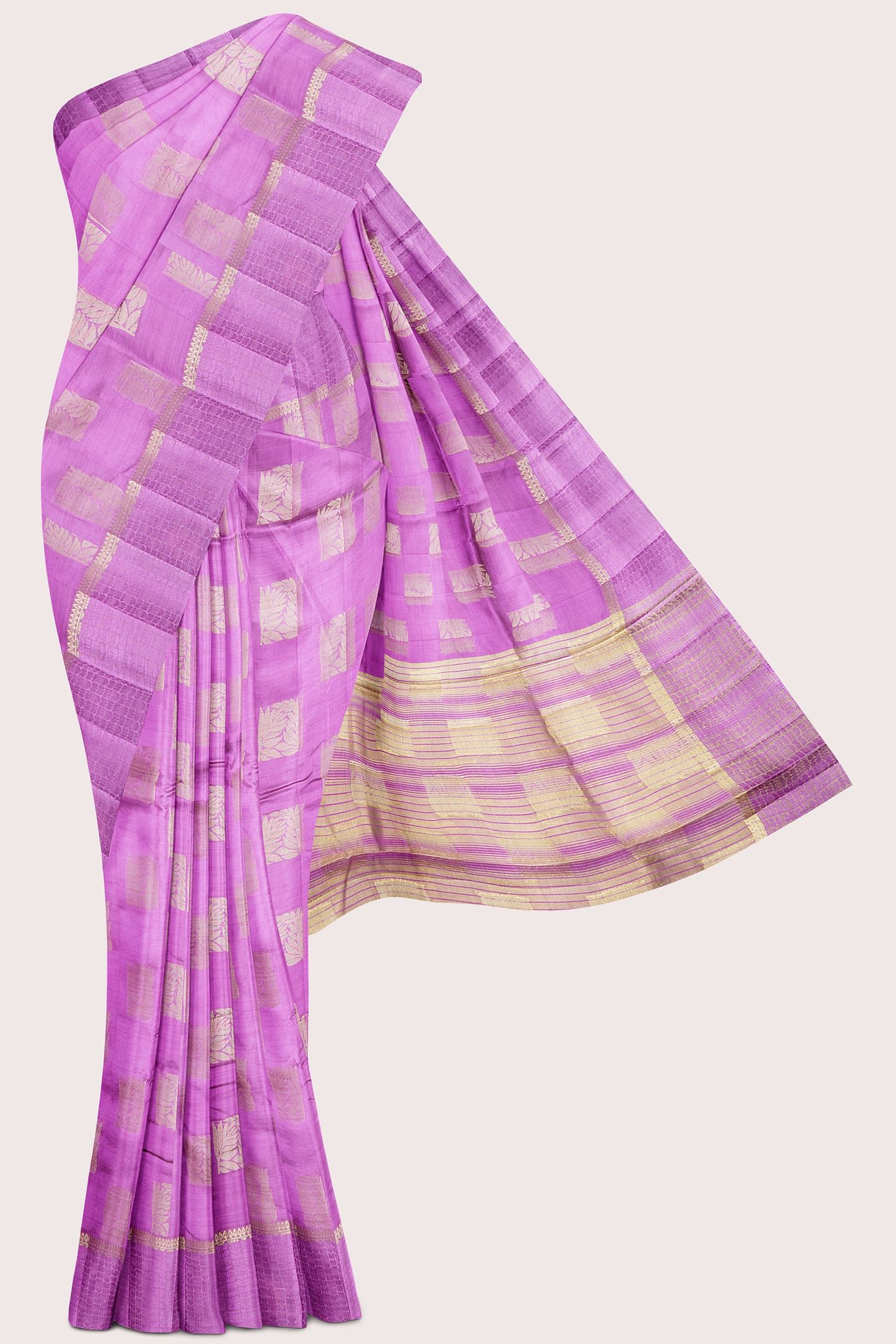 Emboose Silk Gold Zari  Weaving And Leaf Design Butti Light Brinjal Saree