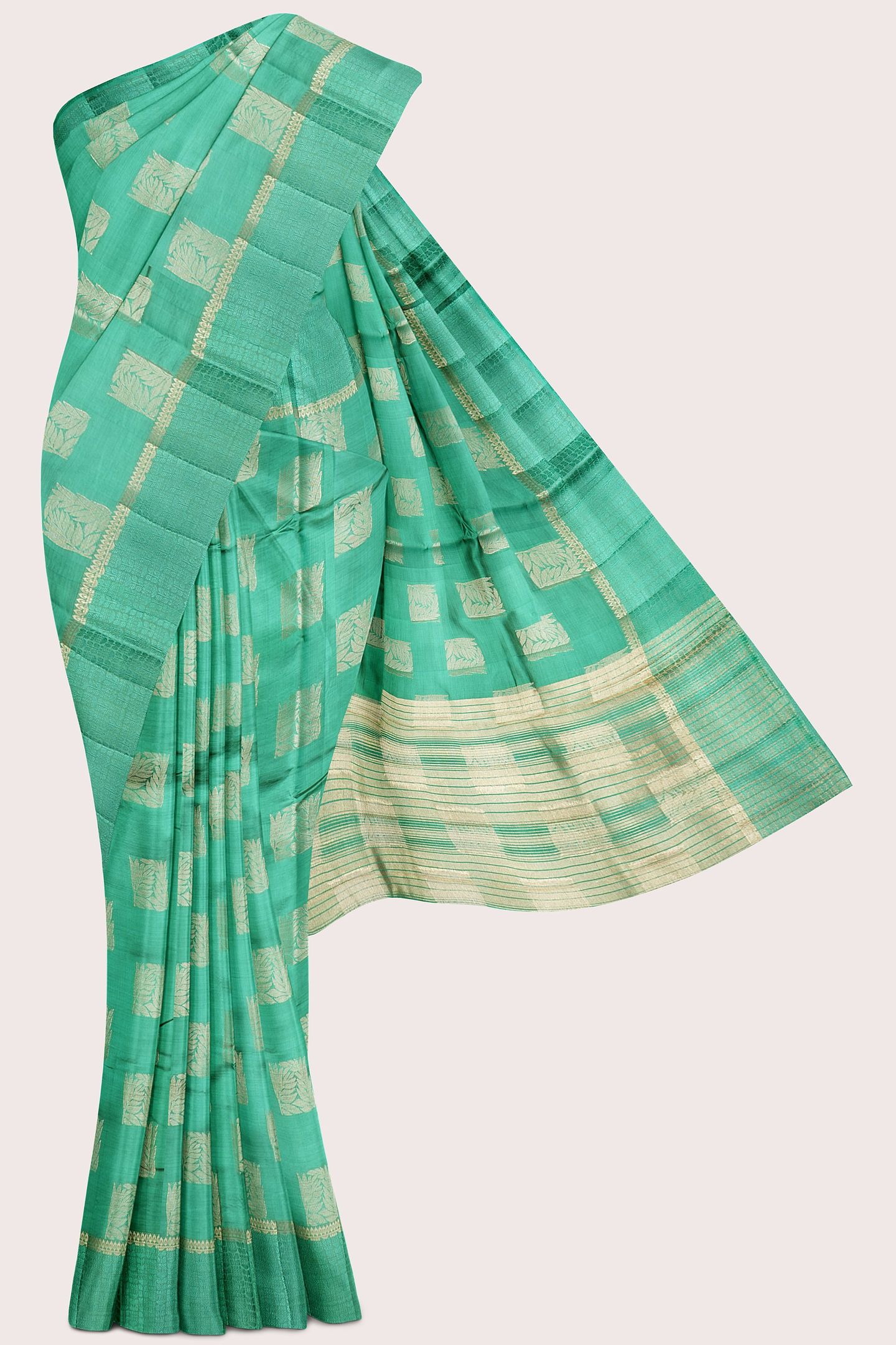 Emboose Silk Gold Zari Weaving And Leaf Design Butti Green Saree