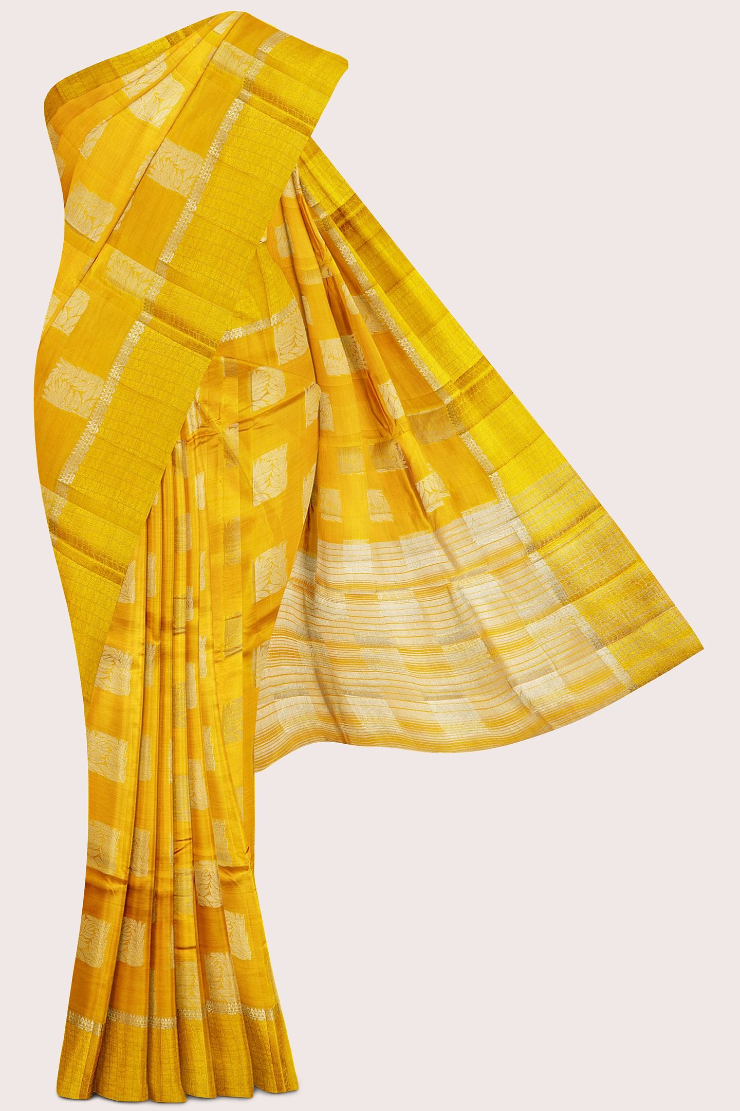 Emboose Silk Gold Zari Weaving And Leaf Design Butti Golden Yellow Saree