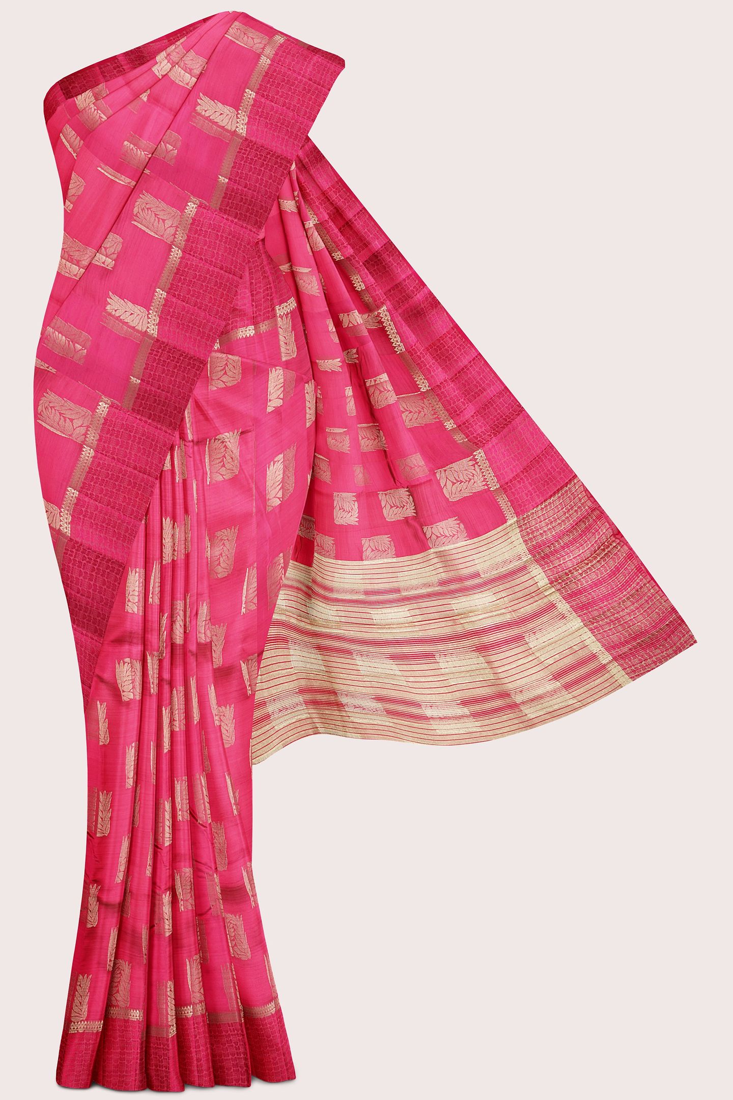 Emboose Silk Gold Zari Weaving And Leaf Design Butti Dark Pink Saree