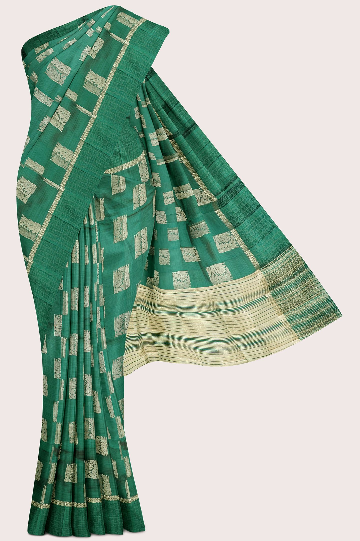 Emboose Silk Gold Zari Weaving And Leaf Design Butti Dark Bottle Green Saree