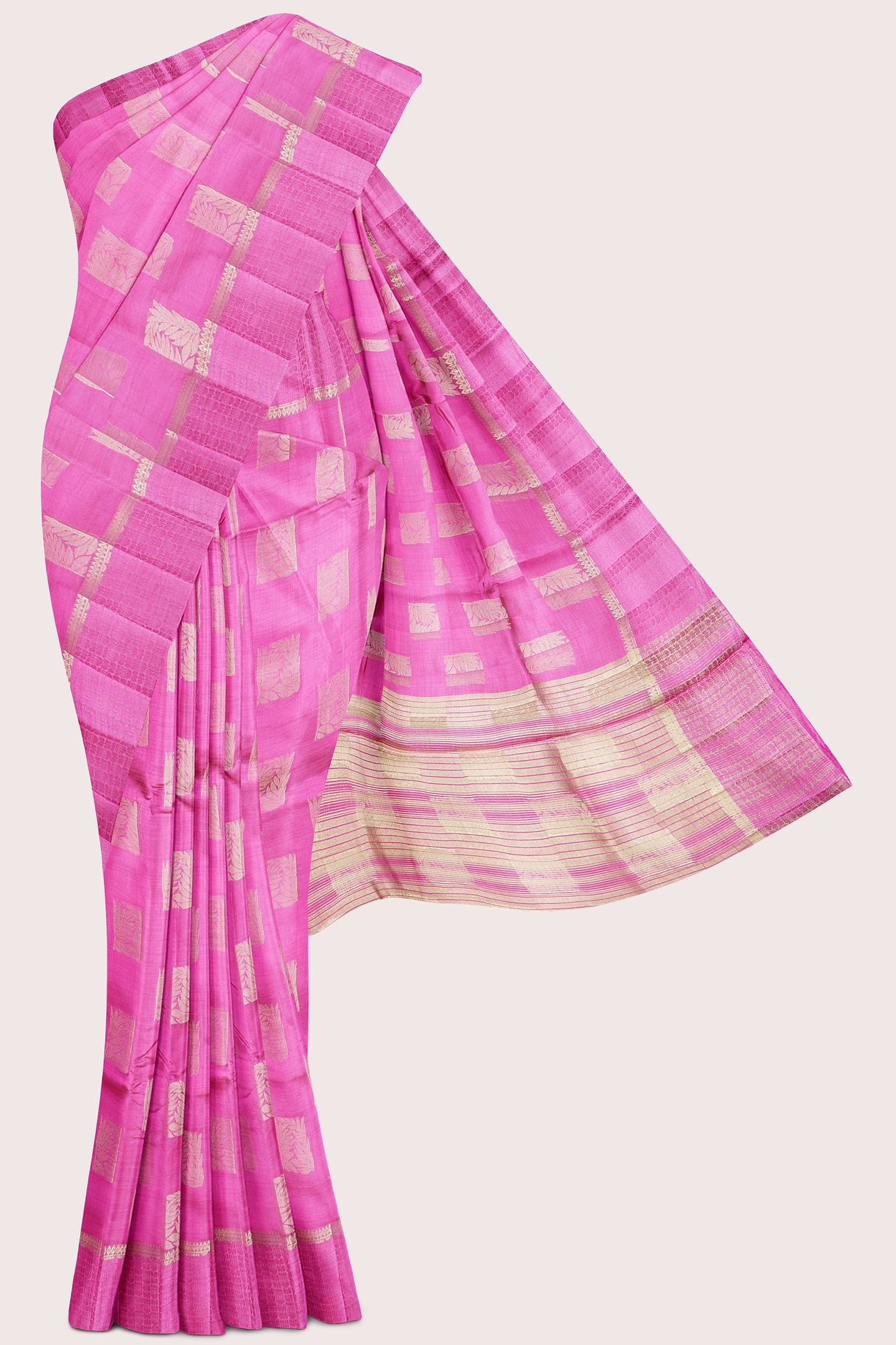Emboose Silk Gold Zari Weaving And Leaf Design Butti Light Pink Saree