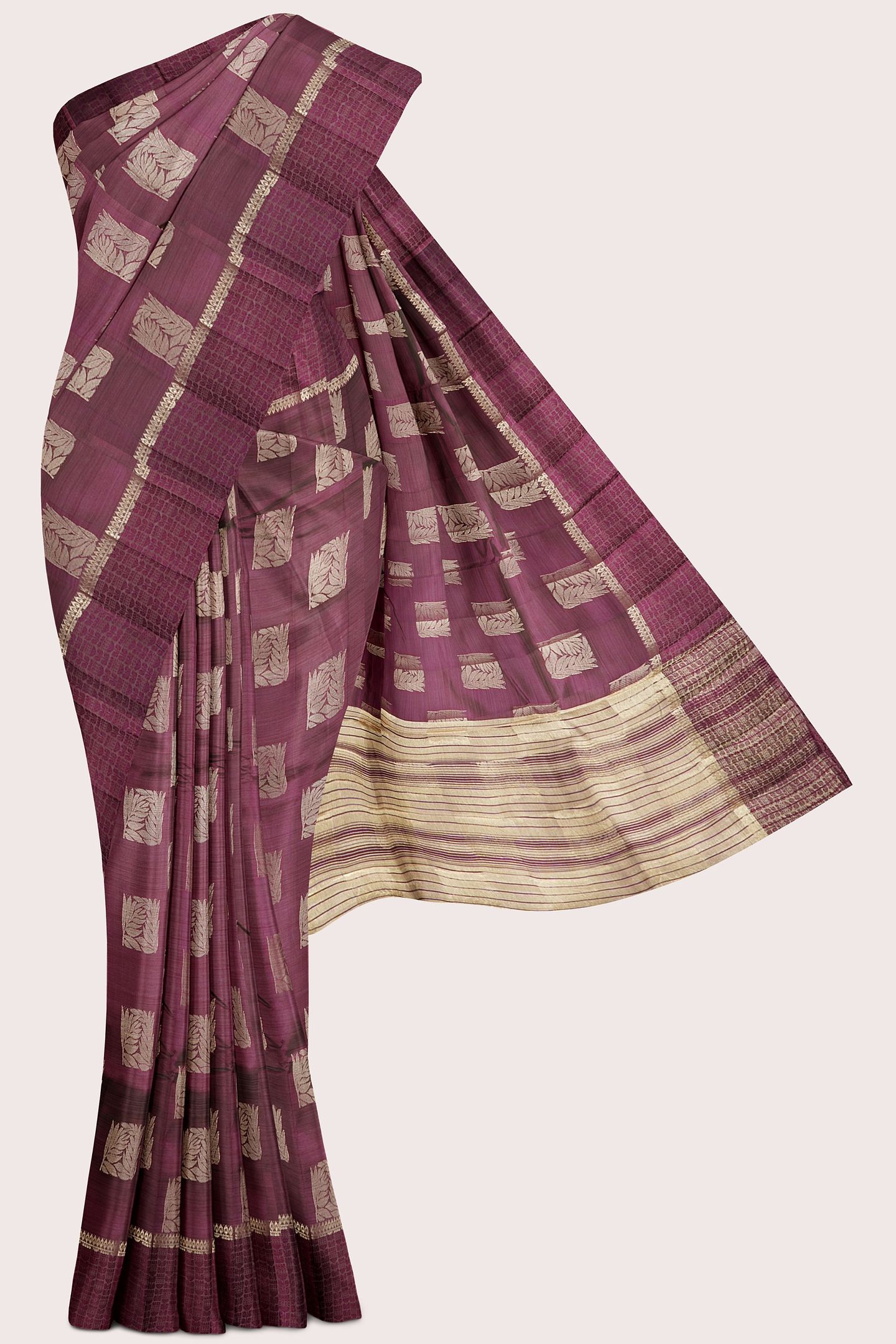 Emboose Silk Gold Zari Weaving And Leaf Design Butti Dark Magenta Pink Saree