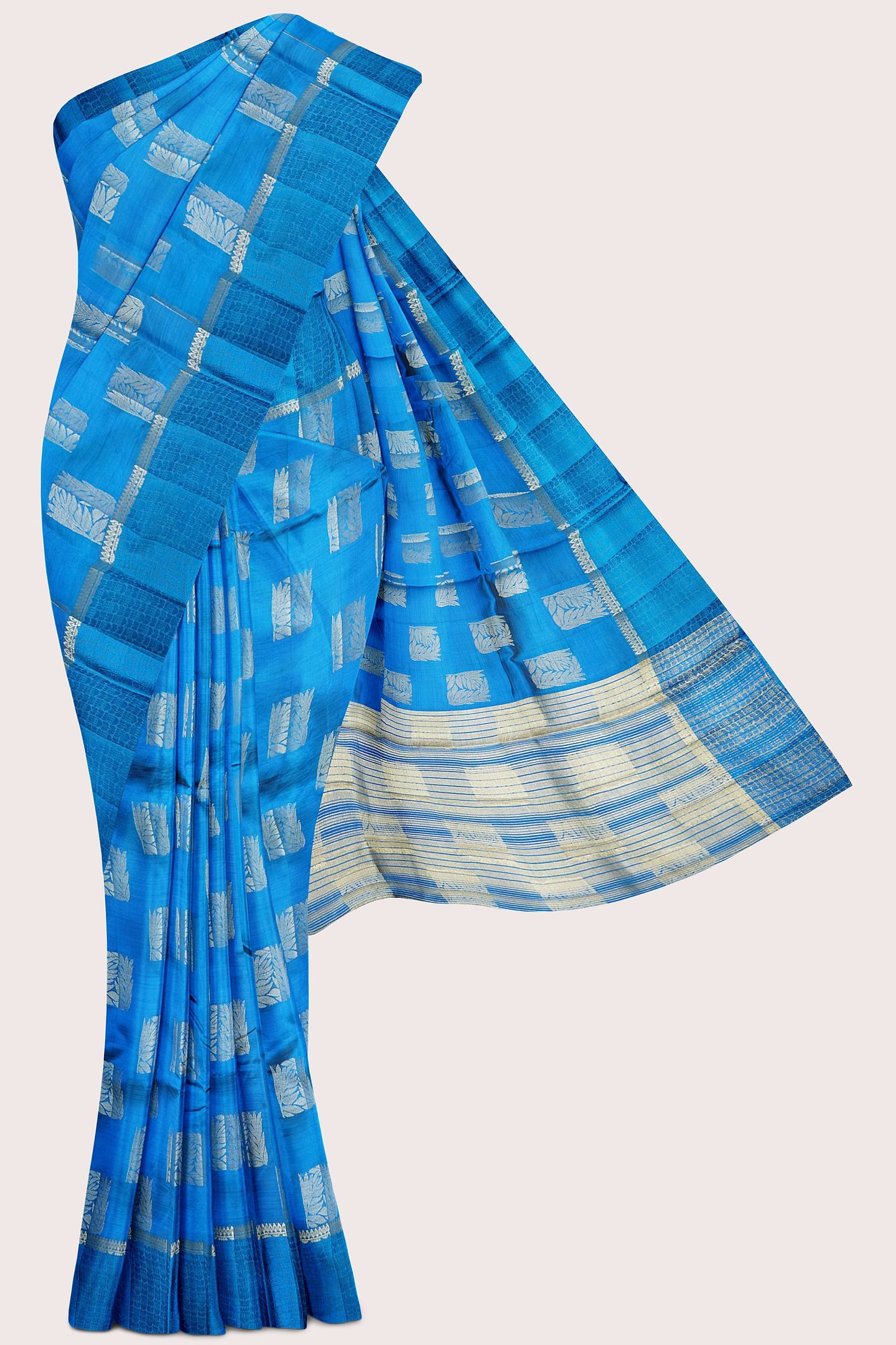 Emboose Silk Gold Zari Weaving And Leaf Design Butti Coppersulphate Blue Saree