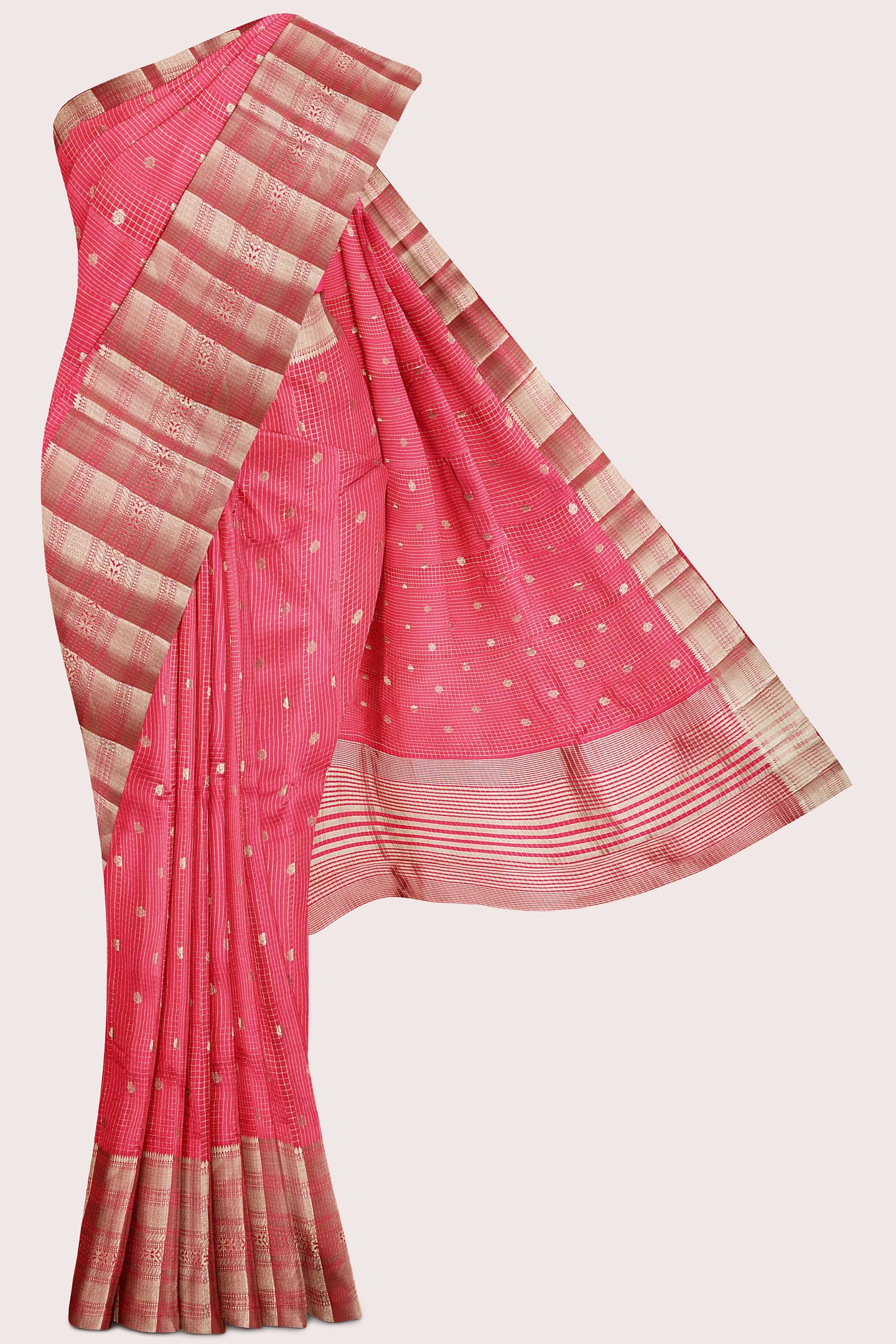 Emboose Silk Brocade Border And Checks Design Red Saree