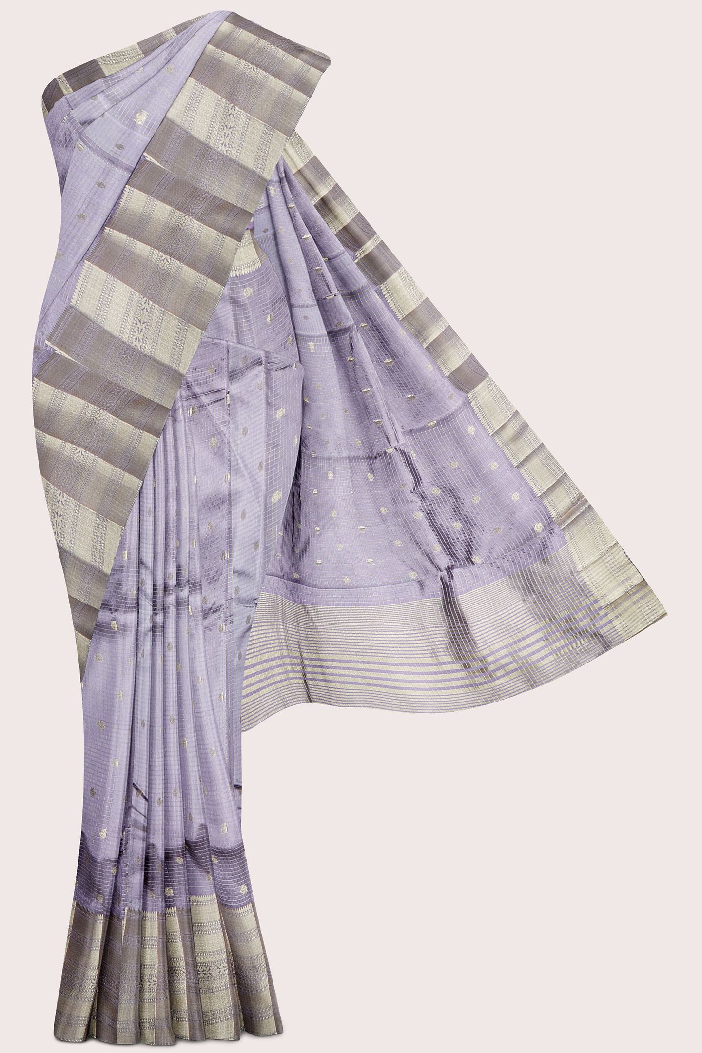 Emboose Silk Brocade Border And Checks Design Lavender Saree