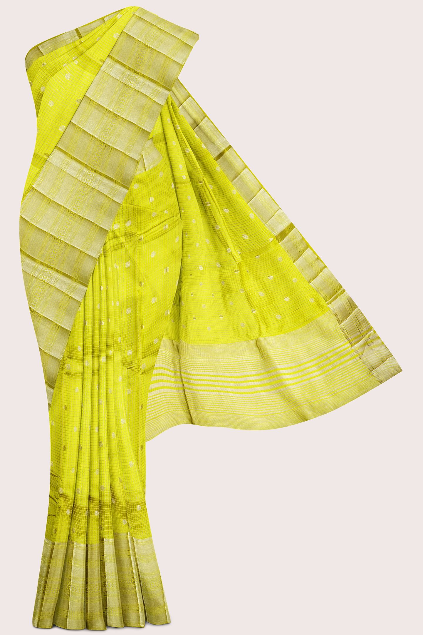 Emboose Silk Brocade Border And Checks Design Lemon Yellow Saree