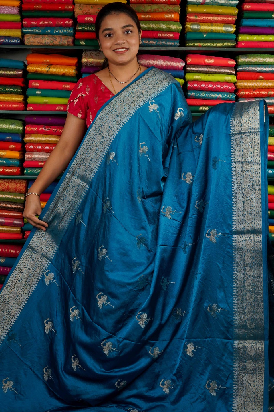 Russian Crepe Zari Butti Dark Coppersulphate Blue Saree