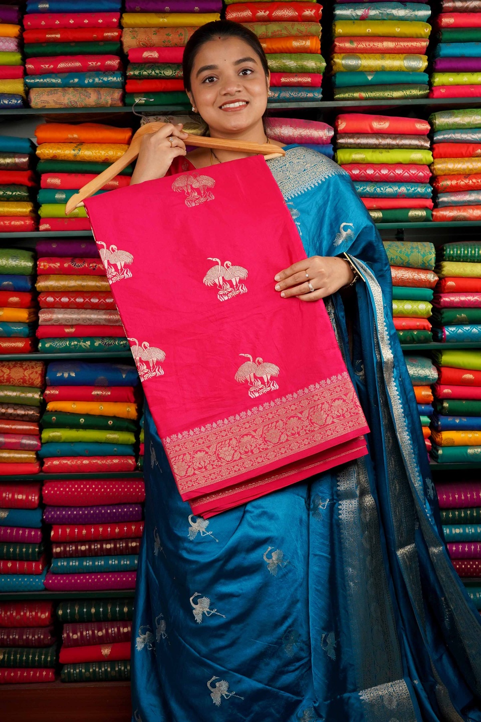 Russian Crepe Zari Butti Bright Pink Saree