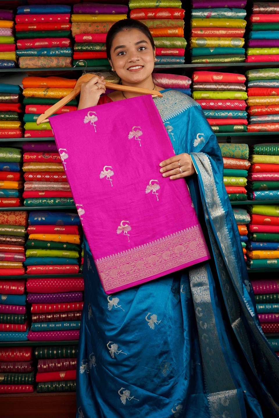 Russian Crepe Zari Butti Magenta Pink Saree