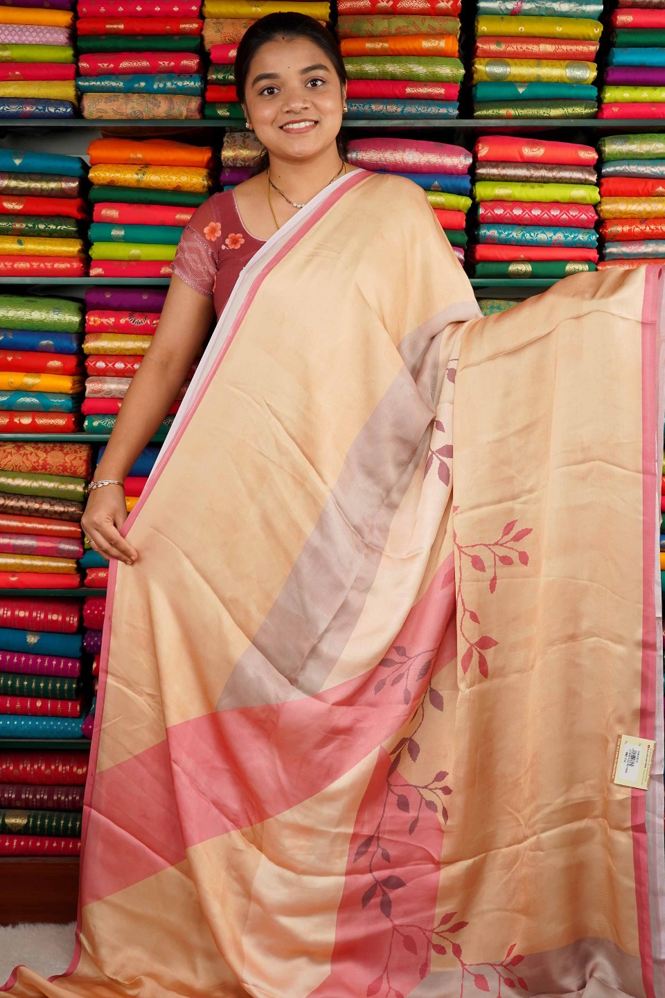 Satin Crepe Digital Print Light Peach Saree