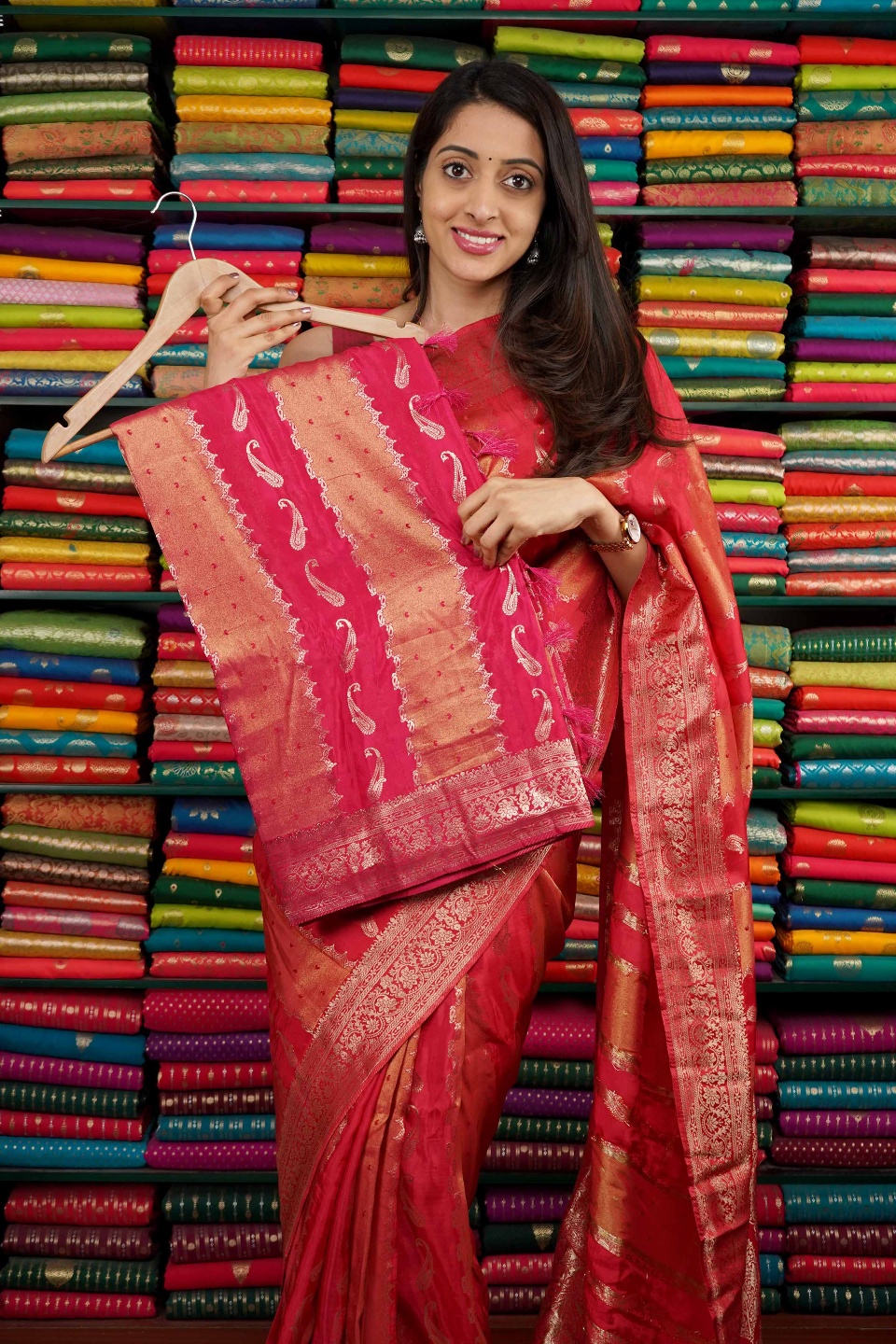 Russian Crepe Tissue Mix Bright Pink Saree