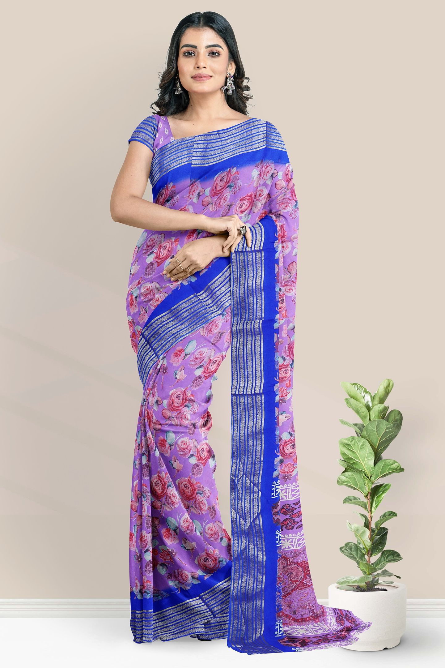Georgette Gold Zari And Floral Print Brinjal With Dark Royal Blue Saree