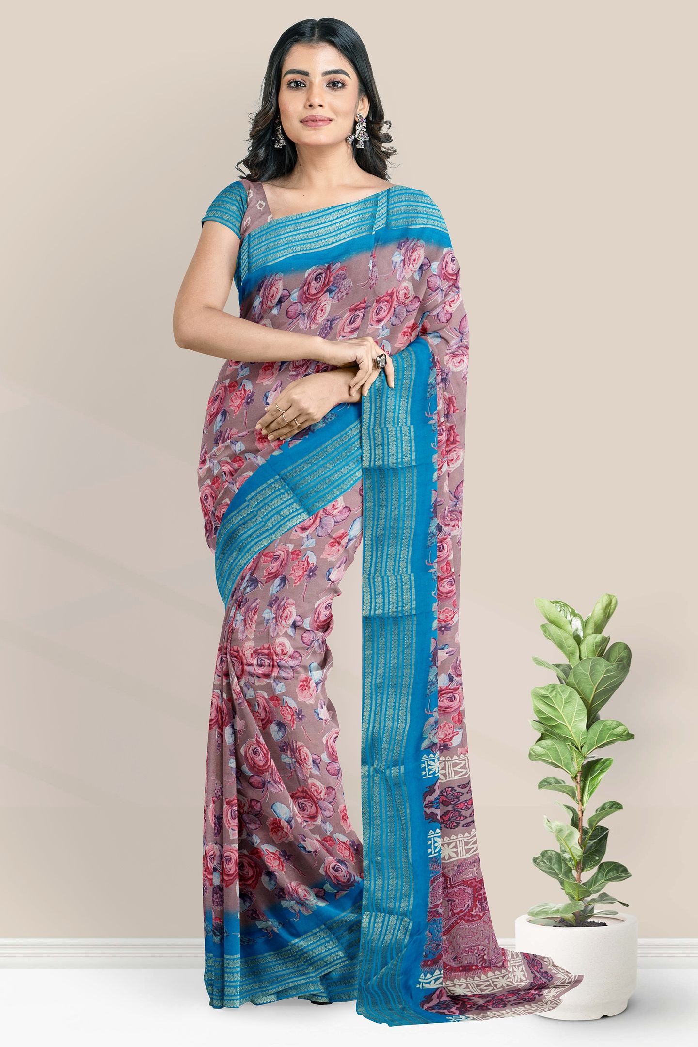 Georgette Gold Zari And Floral Print Onion Pink With Rama Green Saree