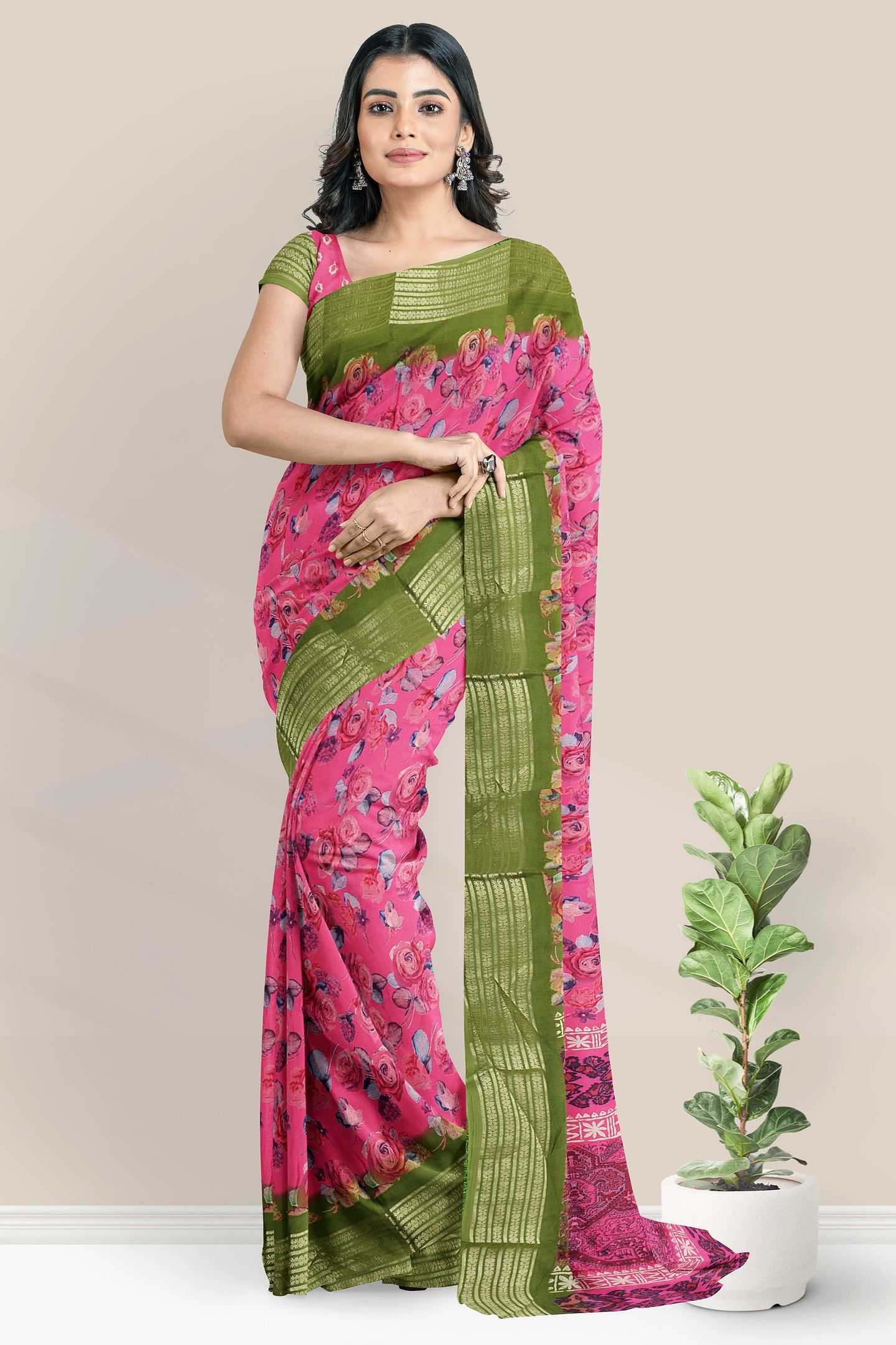 Georgette Gold Zari And Floral Print Pink With Green Saree