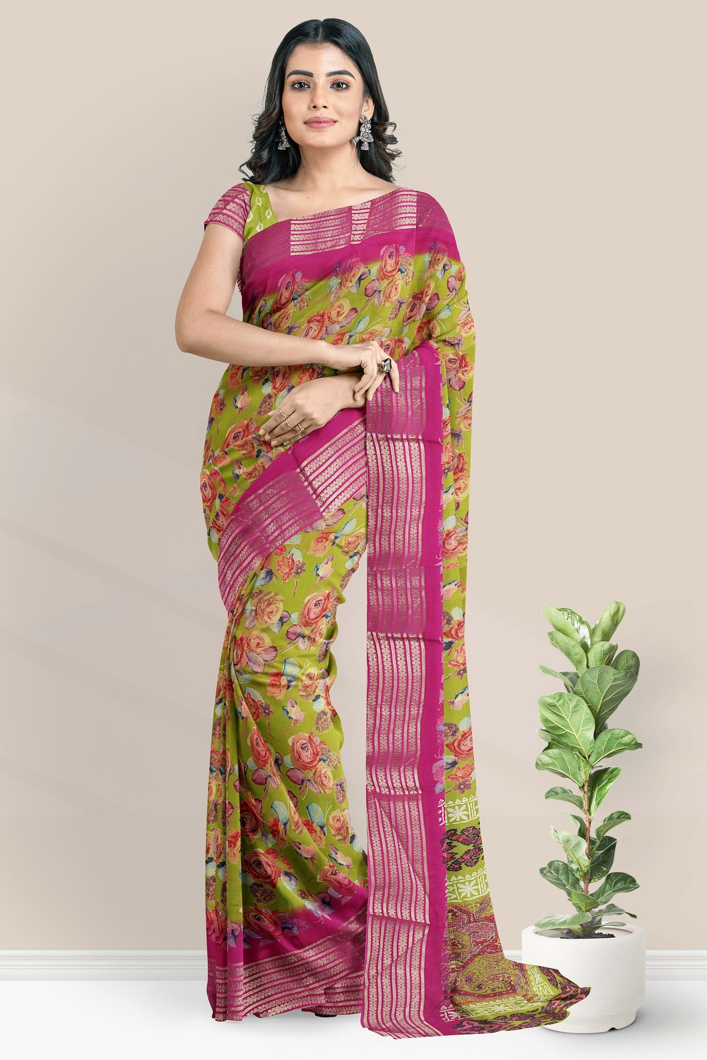 Georgette Gold Zari And Floral Print Parrot Green With Pink Saree