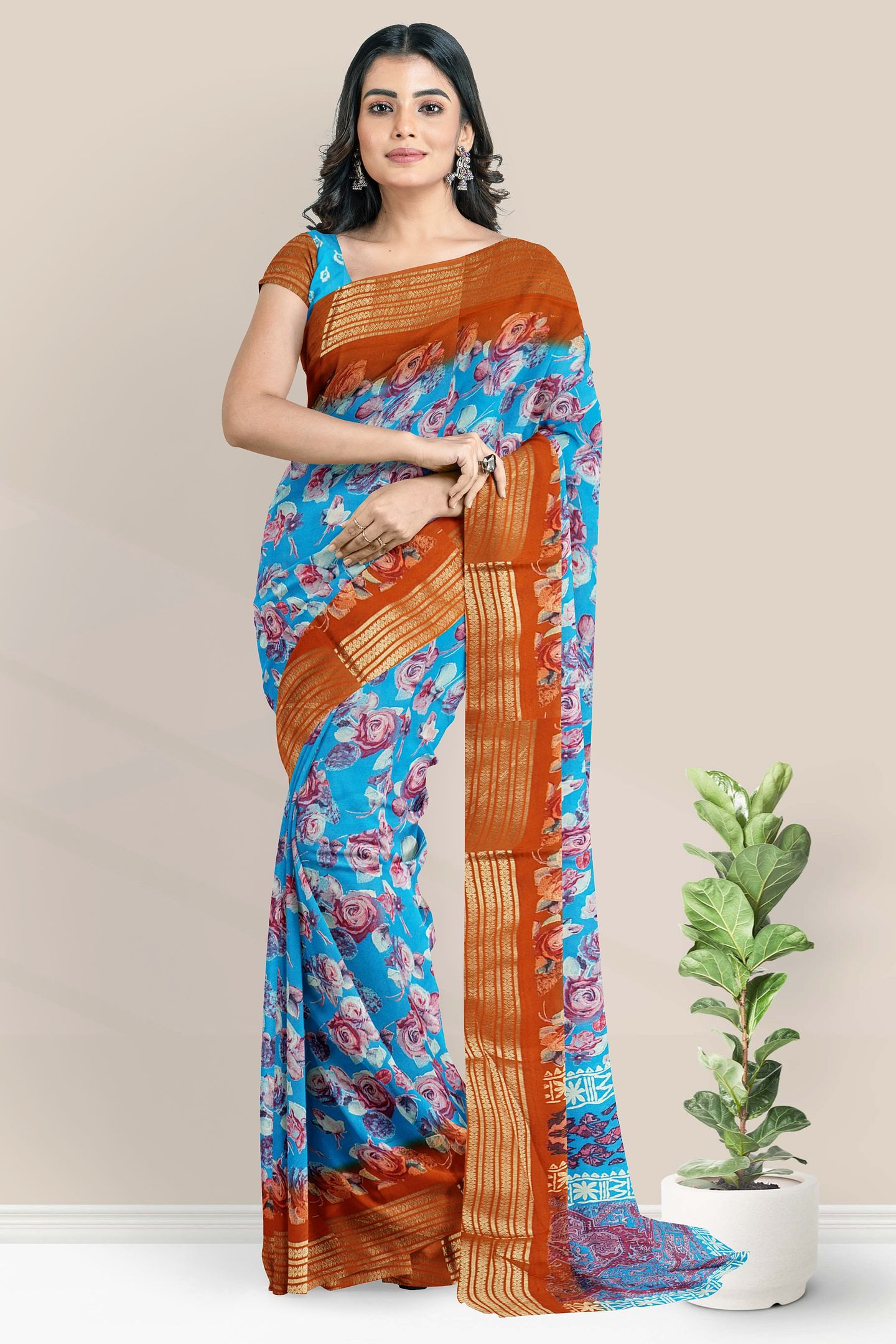 Georgette Gold Zari And Floral Print Coppersulphate Blue With Brick Red Saree