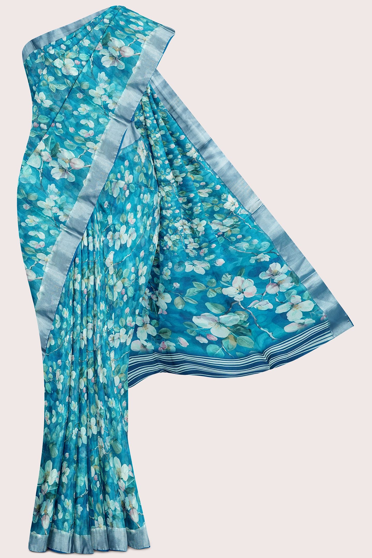 Paper Silk Floral Digital Print Rama Green And Coppersulphate Blue Mix Saree