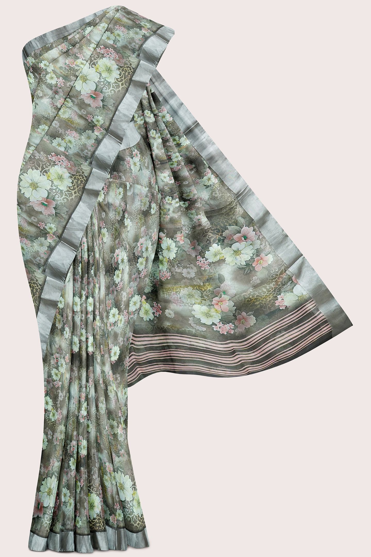 Paper Silk Floral Digital Print Snuff And Lemon Yellow Mix Saree