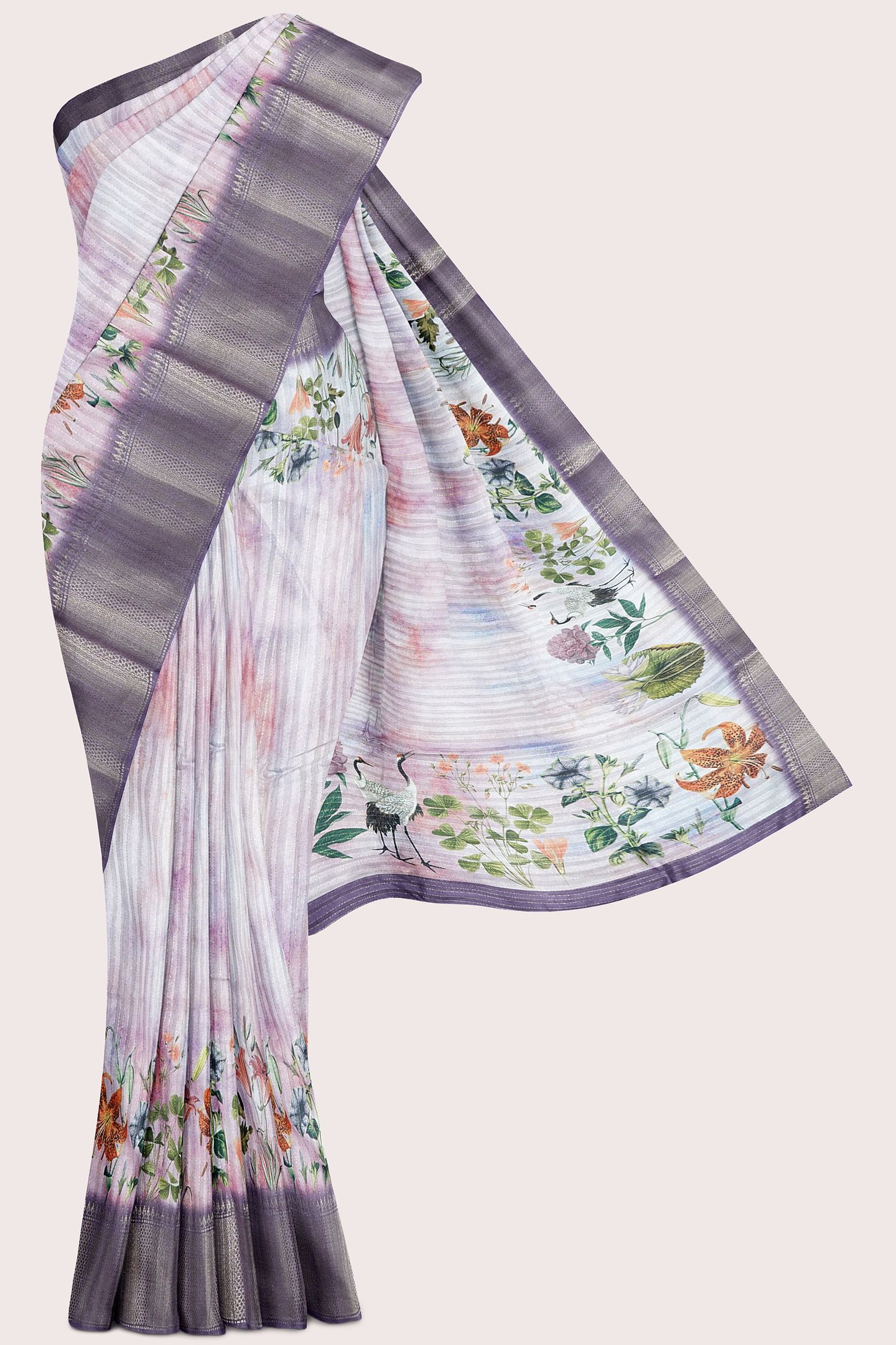 Fancy Georgette Badla Zari Weaving Lavender And Brinjal Mix Saree