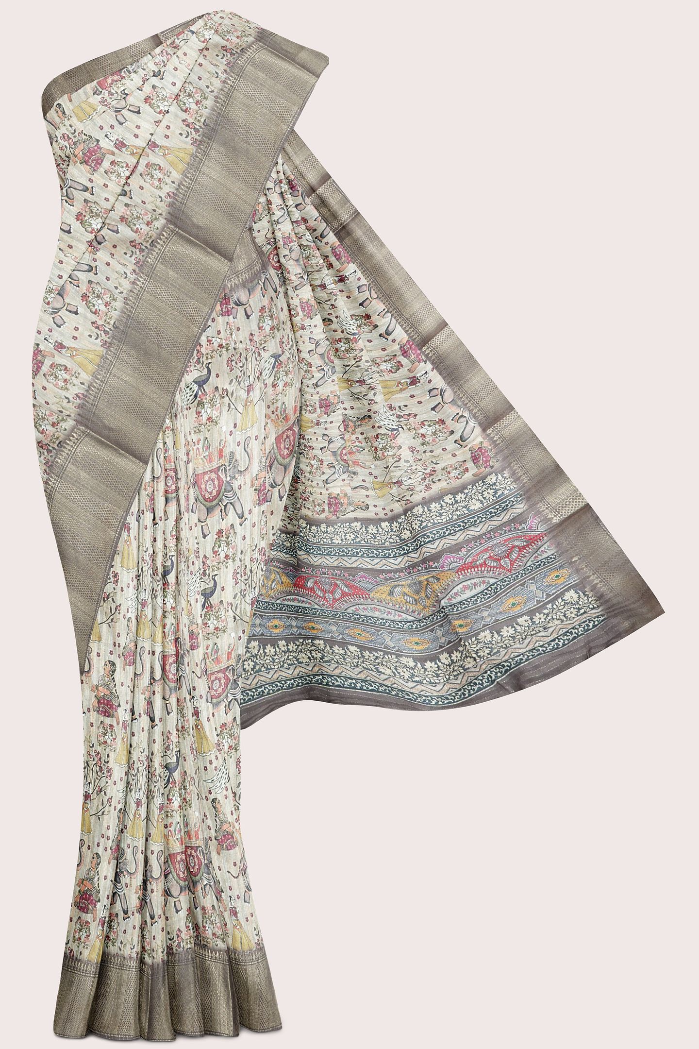 Fancy Georgette Kalamkari Allover Print Cream With Grape Saree