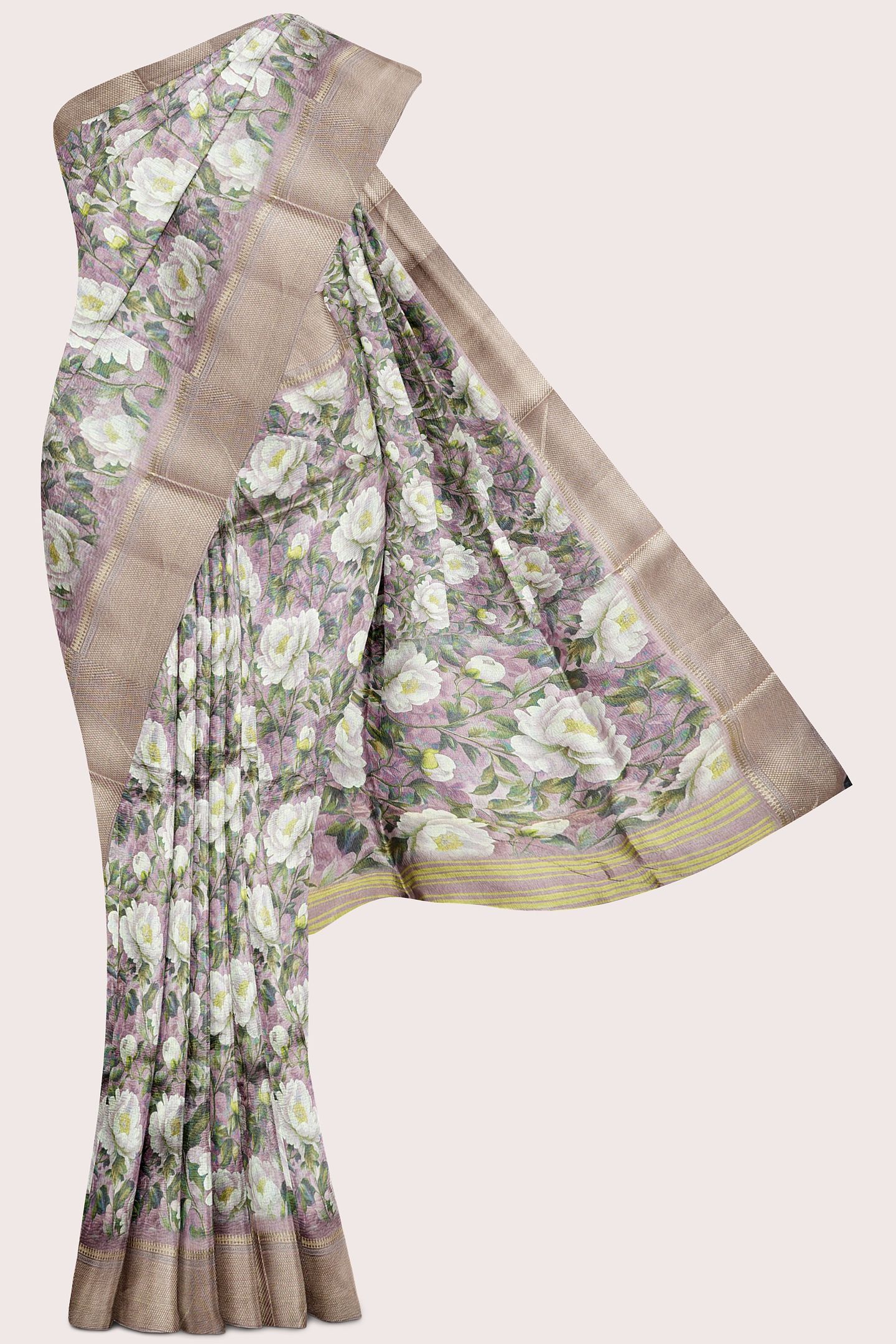 Soft Tissue Brocare Border And Floral Print Brinjal Saree