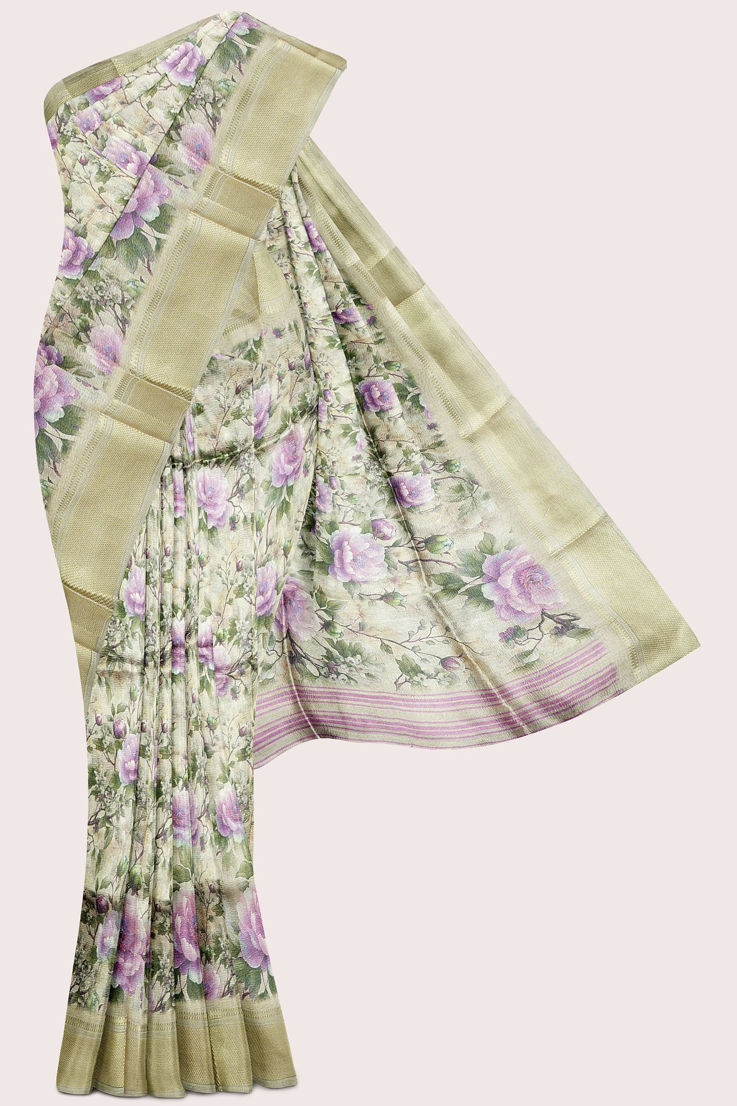 Soft Tissue Brocare Border And Floral Print Golden Cream Saree