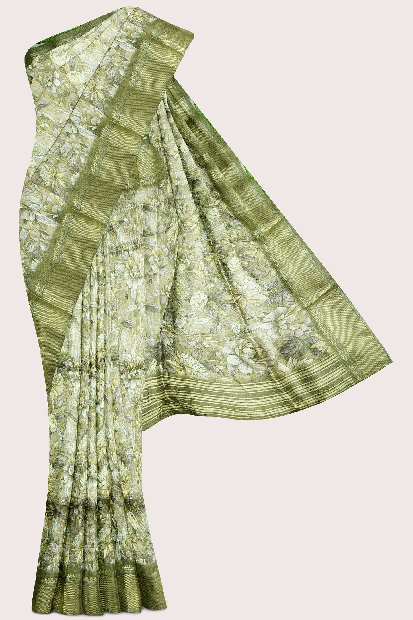 Soft Tissue Brocare Border And Floral Print Green Saree