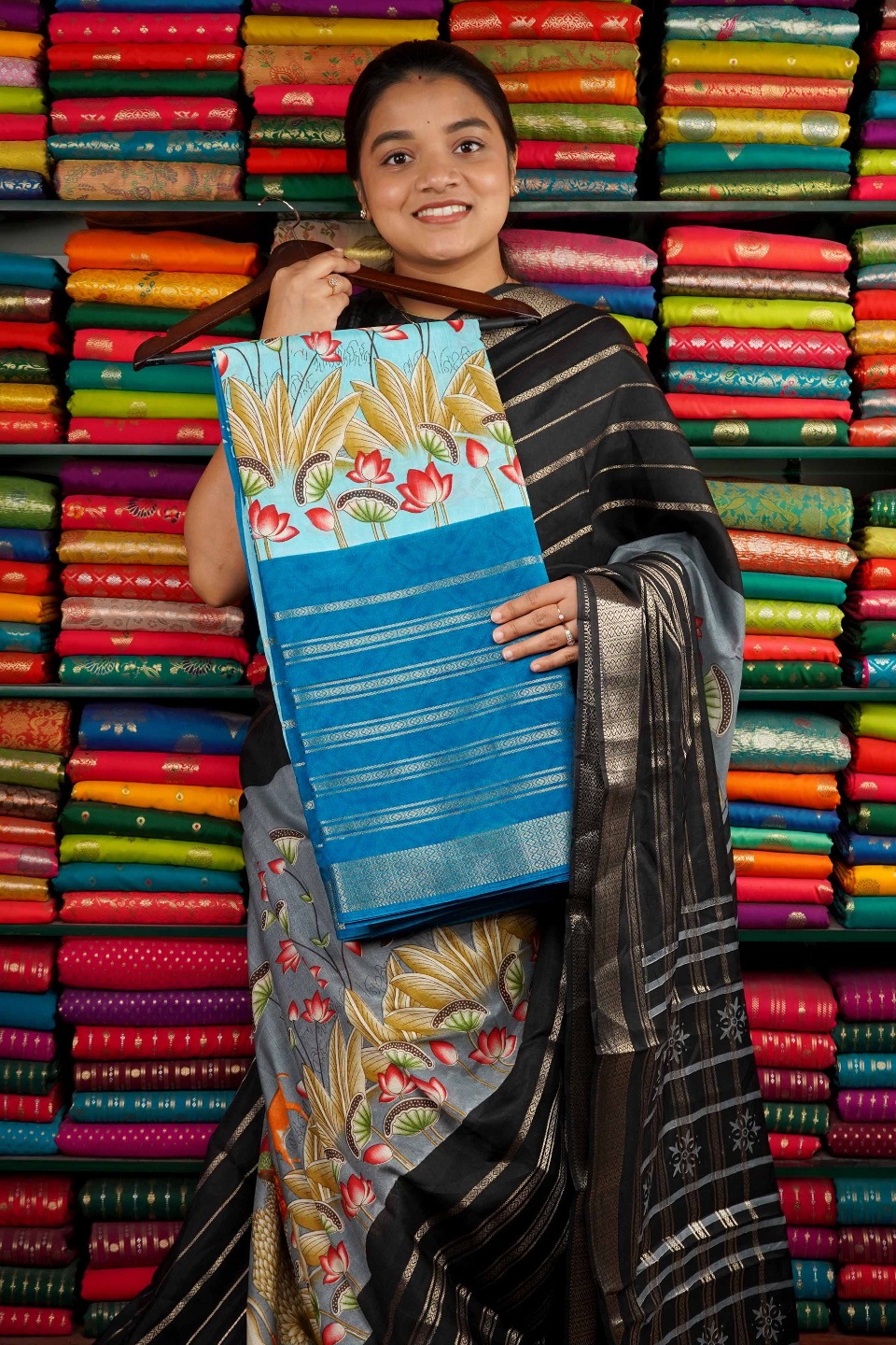 Soft Silk Kalamkari Print Sky Blue And Coppersulphate Blue Saree