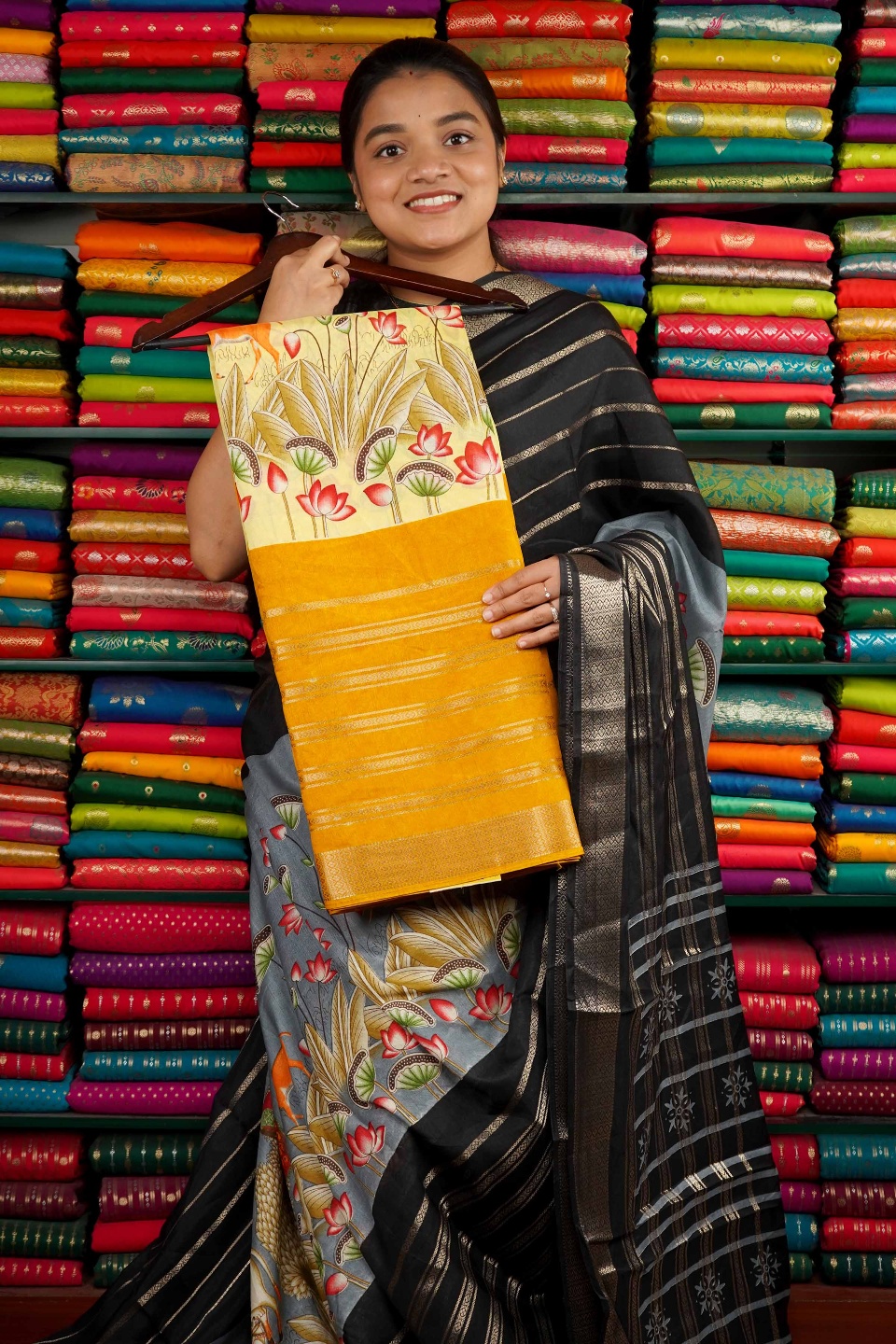 Soft Silk Kalamkari Print Light And Dark Yellow Saree