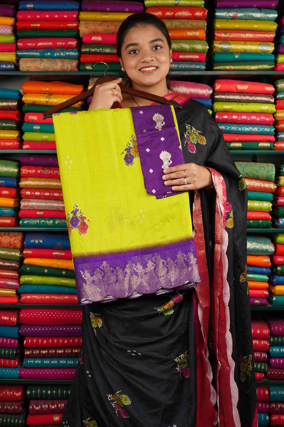 Fancy Soft Silk Scallop Border Yellow And Purple Saree