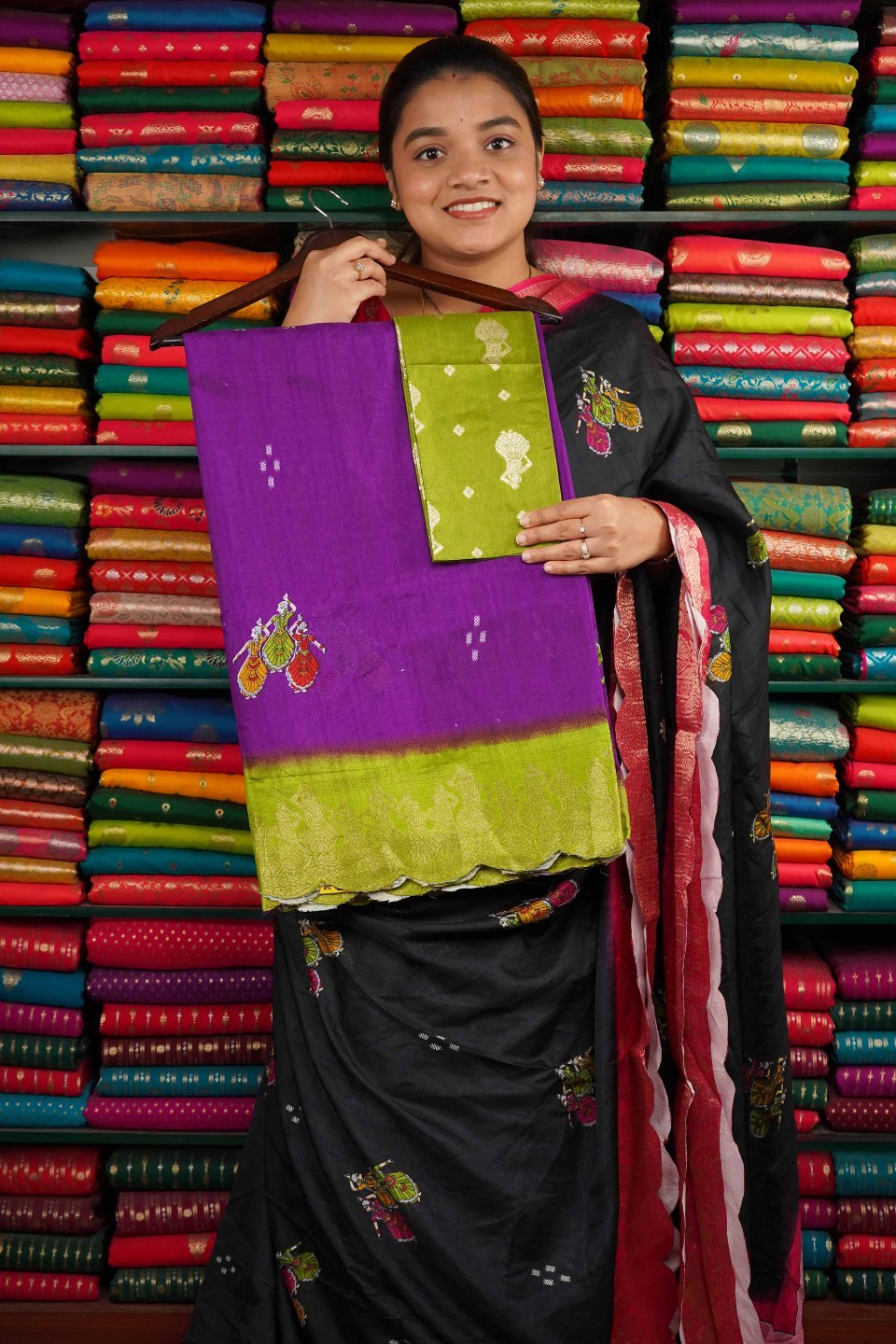 Fancy Soft Silk Scallop Border Purple And Green Saree