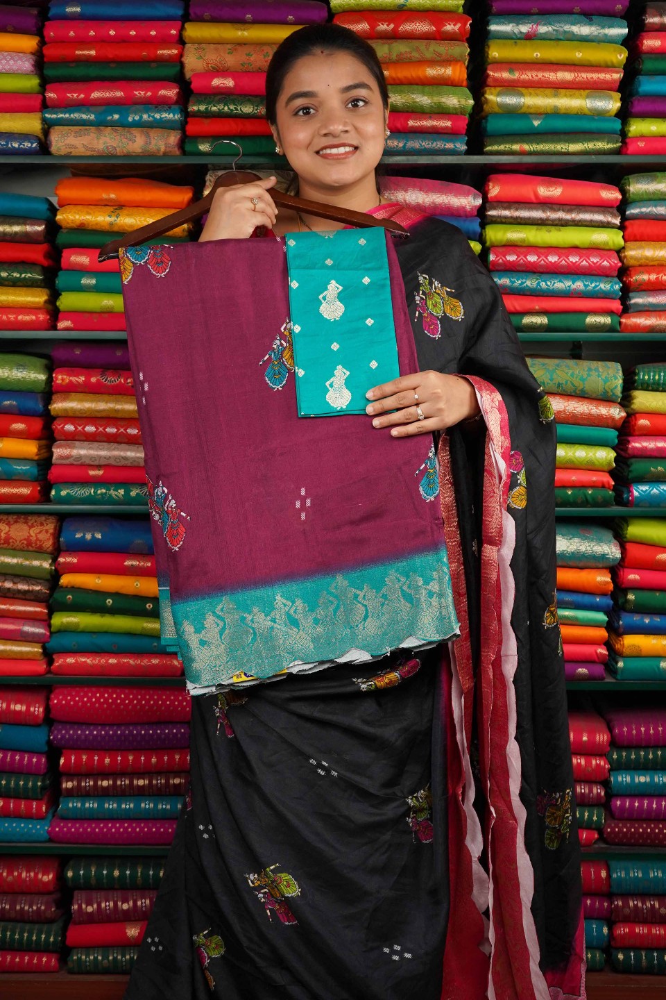 Fancy Soft Silk Scallop Border Wine And Rama Blue Saree