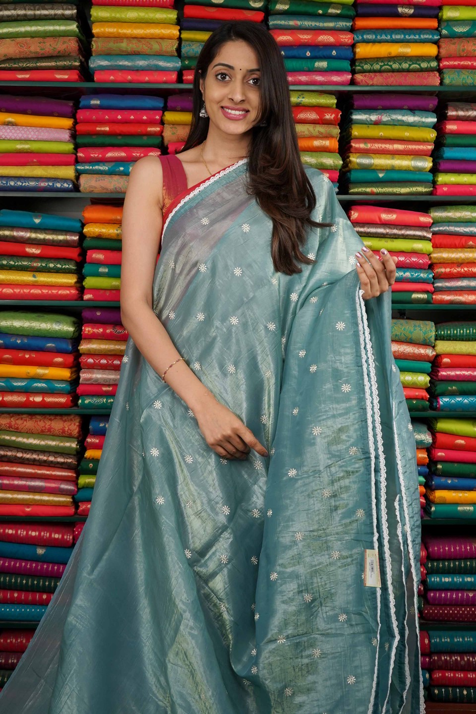 Glass Tussur Embroidery Teal Blue Saree